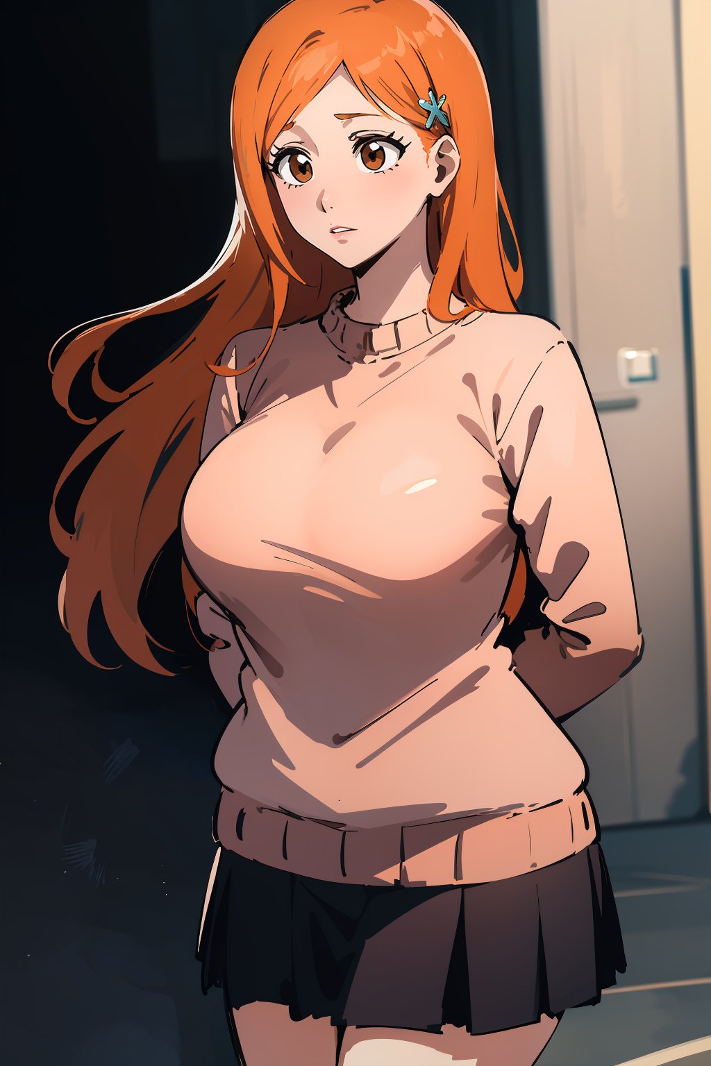 masterpiece,high quality,highres,1girl,solo,large breasts,<lora:orihime-v4-wasabiya:1>,orihime,hair ornament,orange hair,long hair,brown eyes,pink sweater,skirt,arms behind back,