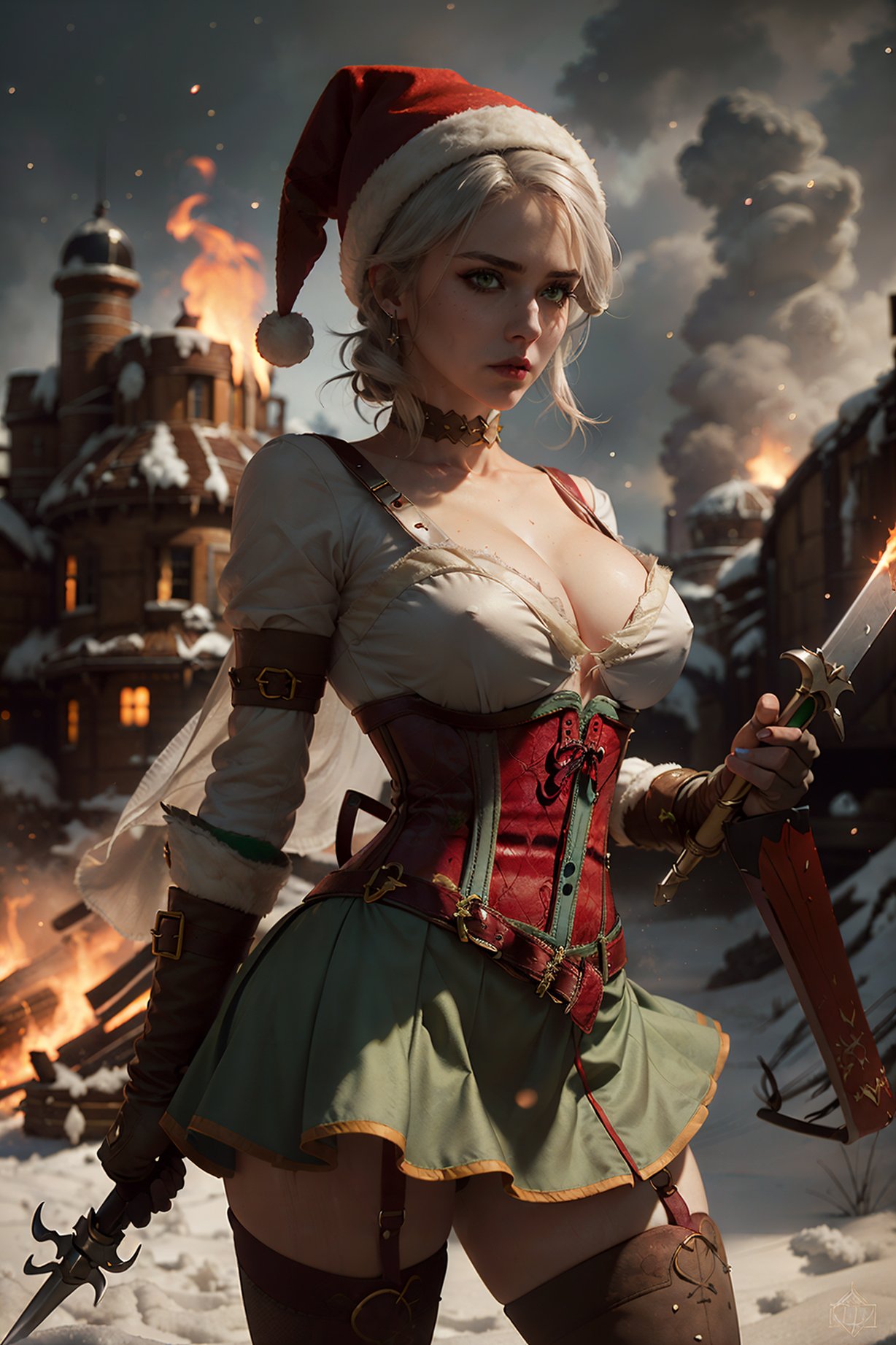 A photo of a woman wielding a large flaming candy cane like a sword, she is wearing a red corset, green skirt, santa hat, she is standing in the middle of a battlefield fighting a monstrous gingerbread man <lora:epiCRealismHelper:1> <lora:popular:1> <lora:SDXLrender_v1.0:0.6>  <lora:CiriWitcher:0.7>