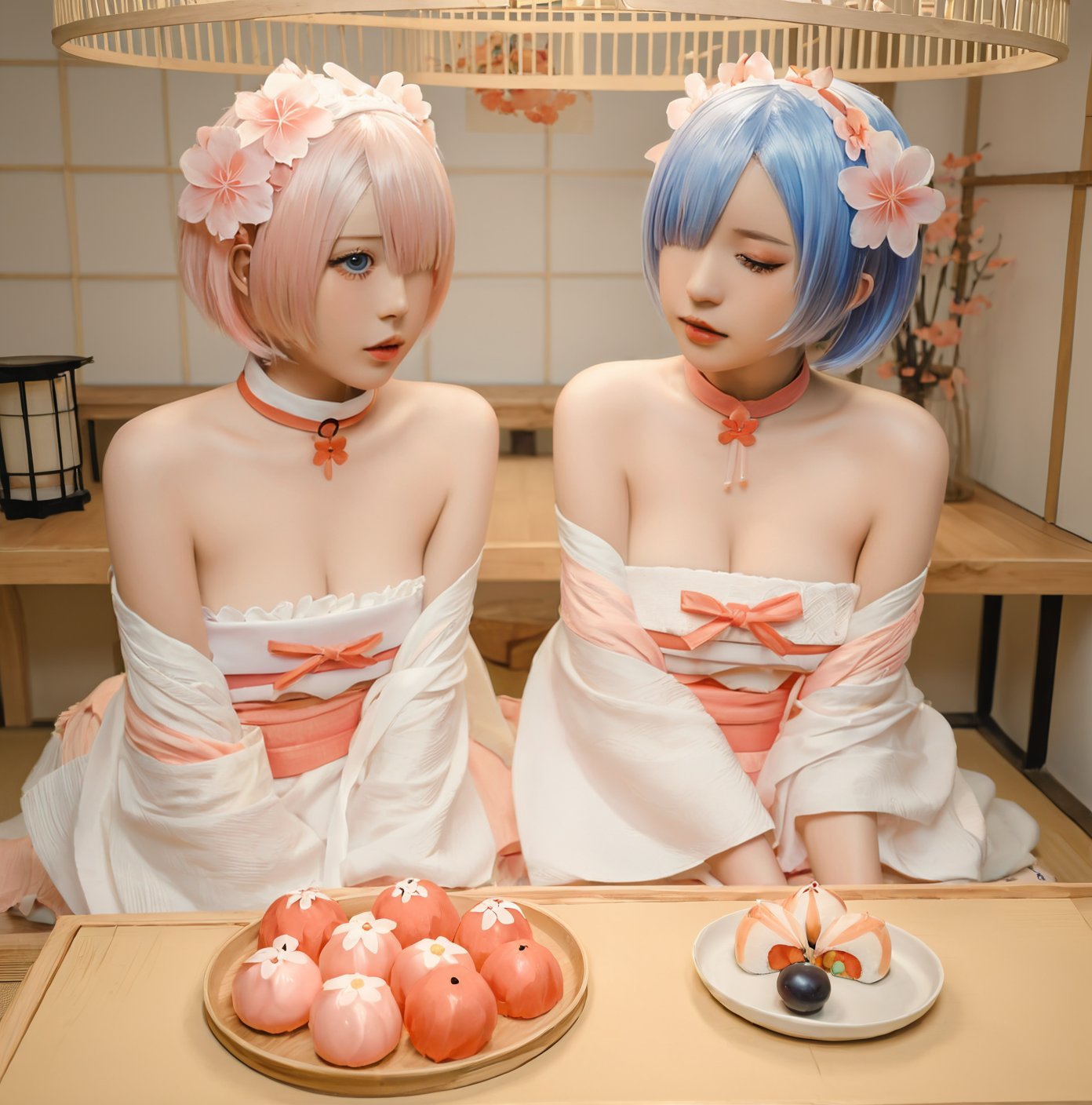 ram \(re:zero\), siblings, short hair, japanese clothes, rem \(re:zero\), kimono, twins, blue hair, hair ornament, sisters, hair flower, food, flower, pink hair, multiple girls, 2girls, indoors, realistic, choker, off shoulder, breasts, bare shoulders, blue eyes, makeup, x hair ornament, hair over one eye, sash, obi, sitting, web address, feeding, table, looking at another, painting \(object\), pink eyes, white kimono, profile, medium breasts, indoor environment,<lora:如梦-000002:0.8>,