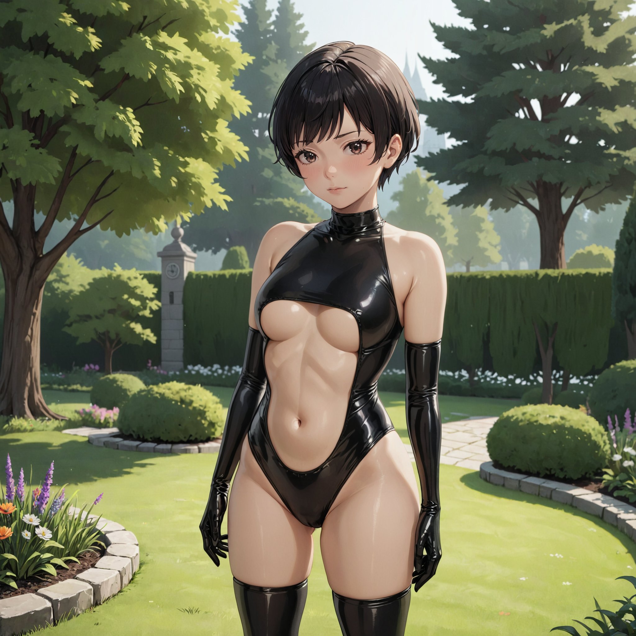 1girl, solo, masterpiece, best quality,  joypayday, very short hair, pixie cut, hypnosis, closed mouth, black latex princess, bare shoulders, stomach cutout, elbow gloves, thighhighs, cowboy shot, standing, garden, grass, tree, <lora:latex-princess-anixl-005:0.8>  <lora:JoyXLAM:0.8>