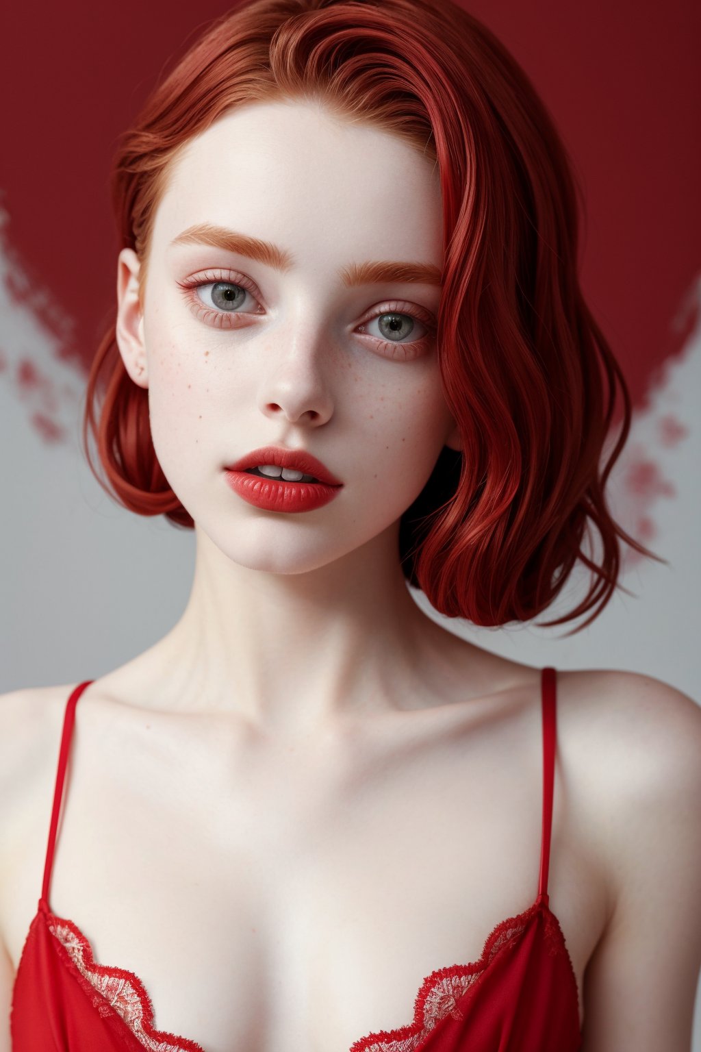 (masterpiece, high quality, fisheye:1.2), (close-up portrait:1.1), solo, model photoshoot, (red theme:1.1), a stylish girl, red hair, silver eyes, red lipstick, red eye shadow, blush, (freckles:0.7), (european, 22 years old:1.3), sexy, pure innocence, (light smile:0.8), whore vibe, in love, simple red dress, cleavage, detailed natural skin texture, seductive gaze, detailed lighting, (red:1.1) wall background, shallow depth of field, romantic setting, dreamy pastel palette, whimsical details, captured on film, nsfw, (intricate details:0.5)