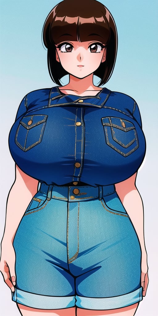 <lora:TendouNabikiV3:0.85> tendounabiki, huge_breasts, standing, solo, denim_shorts, masterpiece, best quality, detailed face, detailed eyes, highres,