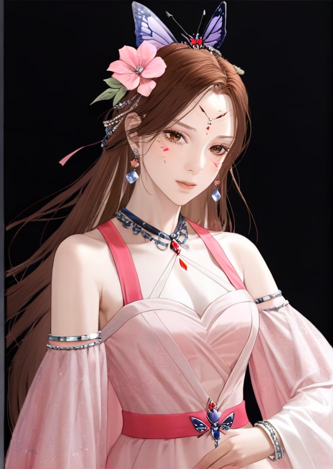 (best quality), ((masterpiece)), (highres), illustration, original, extremely detailed,  <lora:古风·鸢行风上:0.7>1girl, brown hair, forehead mark, long hair, black background, solo, facial mark, dress, hair ornament, jewelry, flower, upper body, bug, pink dress, butterfly, bracelet, looking at viewer, bare shoulders