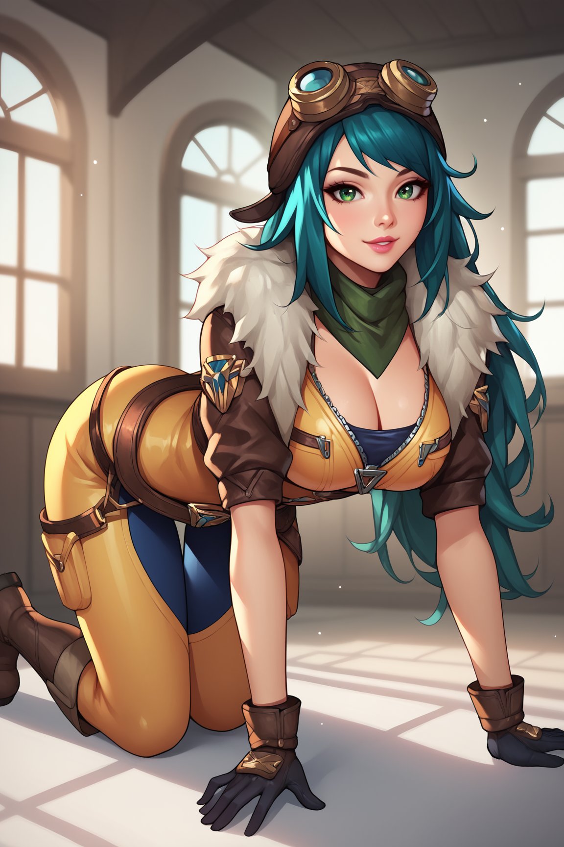 score_9, score_8_up, score_7_up, score_6_up, score_5_up, score_4_up, IreliaARLoLXL, pink lips, green eyes, aqua hair, long hair, bangs, goggles on head, large breasts, green scarf, cleavage, brown jacket, fur trim, short sleeves, yellow bodysuit, blue bodysuit, black gloves, belt, brown boots, solo, all fours, seductive smile, looking at viewer, indoors <lora:IreliaARLoLXL:0.8>