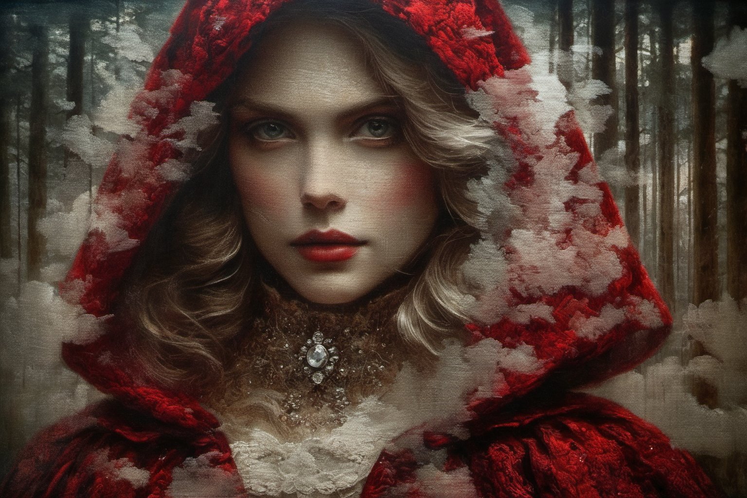 Double Exposure: portrait oil painting, of a ((transparent red riding hood with a double exposure forest in her face)), we see the double exposure on her face and the forest backdrop, elaborate red cloak, in renaissance attire forest backdrop, 3/4 profile view, sumptuous cloud fabrics, detailed embroidery, moody chiaroscuro lighting, high-resolution
