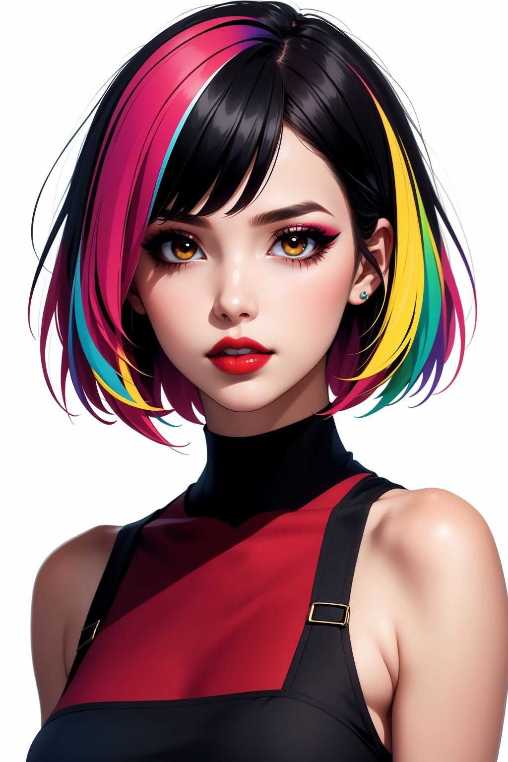 1girl, solo, upper body, looking at viewer, white background, bob cut, short hair, multicolored hair, makeup, parted lips, red lips, eyeliner,