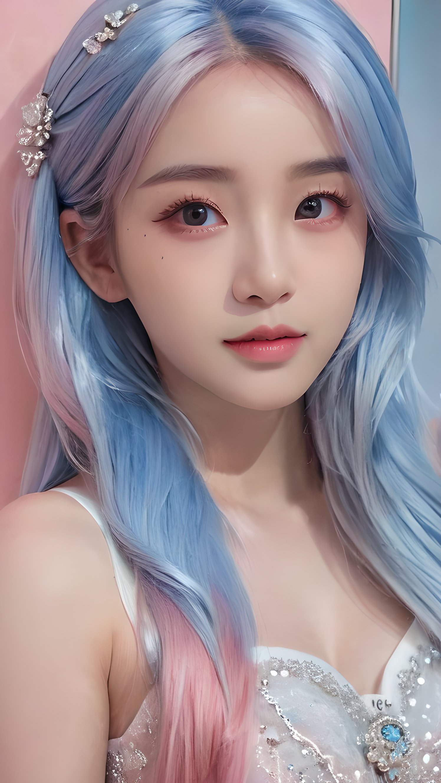 yanshangyue, 1girl, solo, xiaowu, BIG EYES, xxmix girl woman, <(masterpiece, realistic:1.3), (extremely intricate:1.2)>, portrait of a girl, sliver gradient hair, (sliver hair:1.1), (light blue hair:1.1), (pink hair:1.2), ((solid color background:1.3)), beautiful detailed glow, (detailed ice), beautiful detailed water,  <lora:molixl3:0.6>