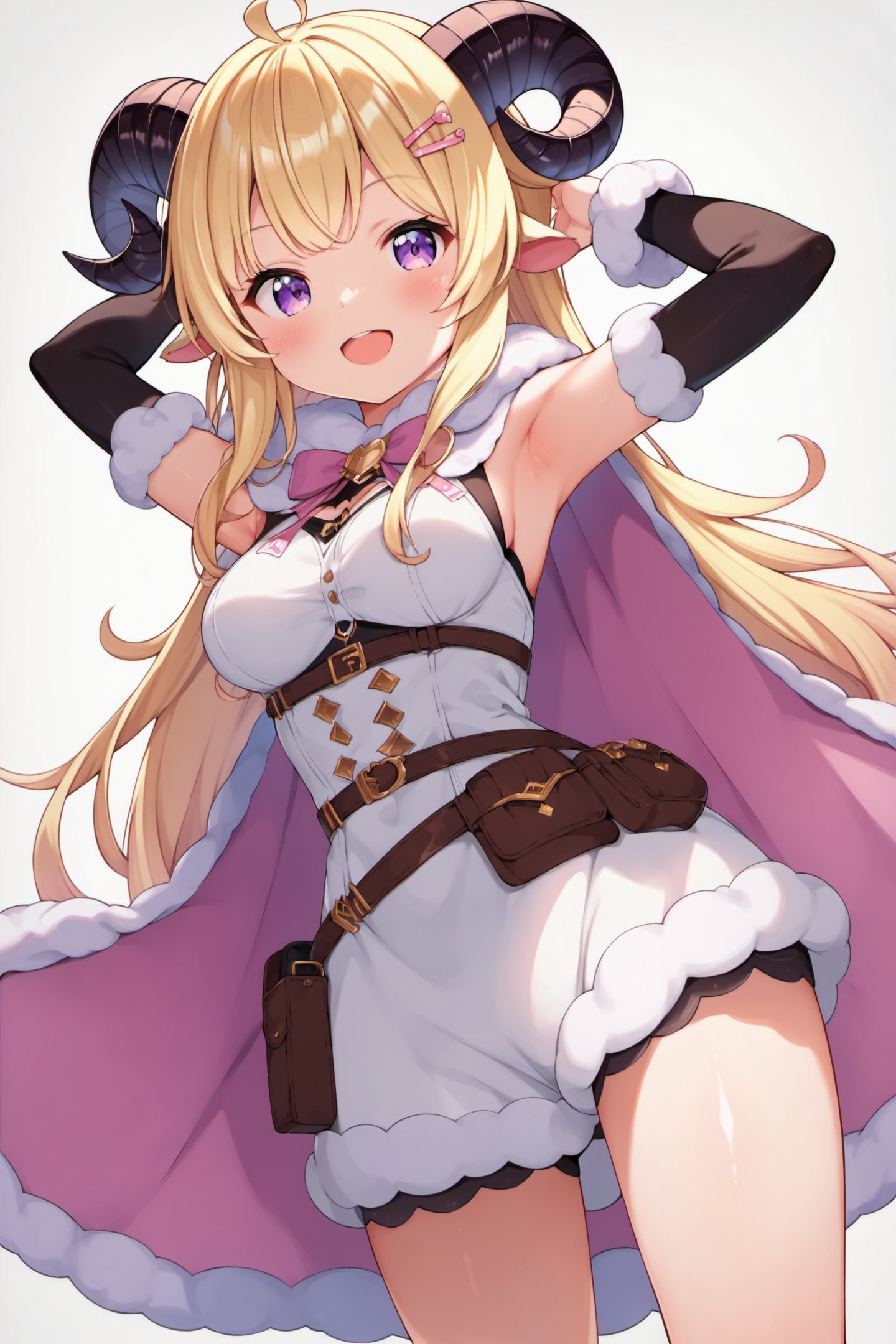 1girl,tsunomaki watame,blonde hair,virtual youtuber,horns,long hair,solo,hair ornament,sheep horns,dress,sheep girl,hairclip,fur trim,open mouth,purple eyes,pink cape,cape,sheep ears,breasts,ahoge,detached sleeves,pouch,animal ears,looking at viewer,simple background,smile,white background,belt pouch,fur-trimmed dress,white dress,medium breasts,bangs,short dress,armpits,page number,blush,bow,sleeveless,fur-trimmed sleeves,sleeveless dress,thighs,very long hair,fur-trimmed cape,score_9,score_8_up,<lora:Kanzaki Hiro_XL_PONY:0.9>,