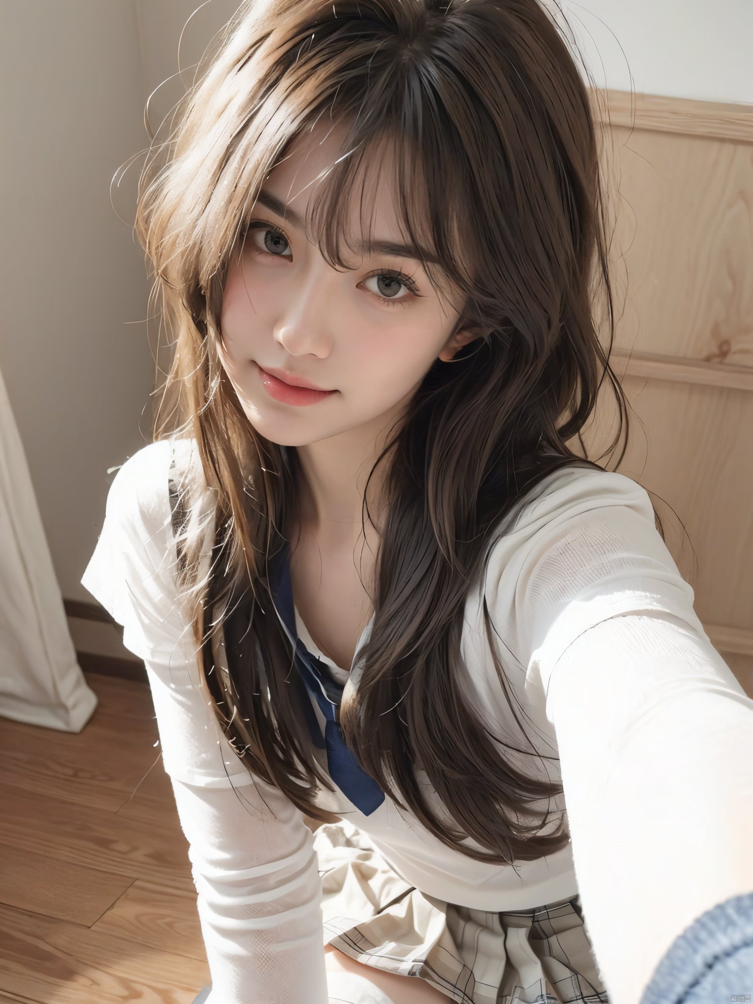 1girl, solo, long hair, looking at viewer, smile, skirt, shirt, black hair, sitting, school uniform, white shirt, short sleeves, socks, black eyes, head tilt, plaid, kneehighs, cosplay, plaid skirt, ground vehicle, black socks, hand on own face, realistic, hand on own cheek,JK_style,moyou<lora:EMS-14530-EMS:1.000000>, <lora:EMS-64586-EMS:0.800000>