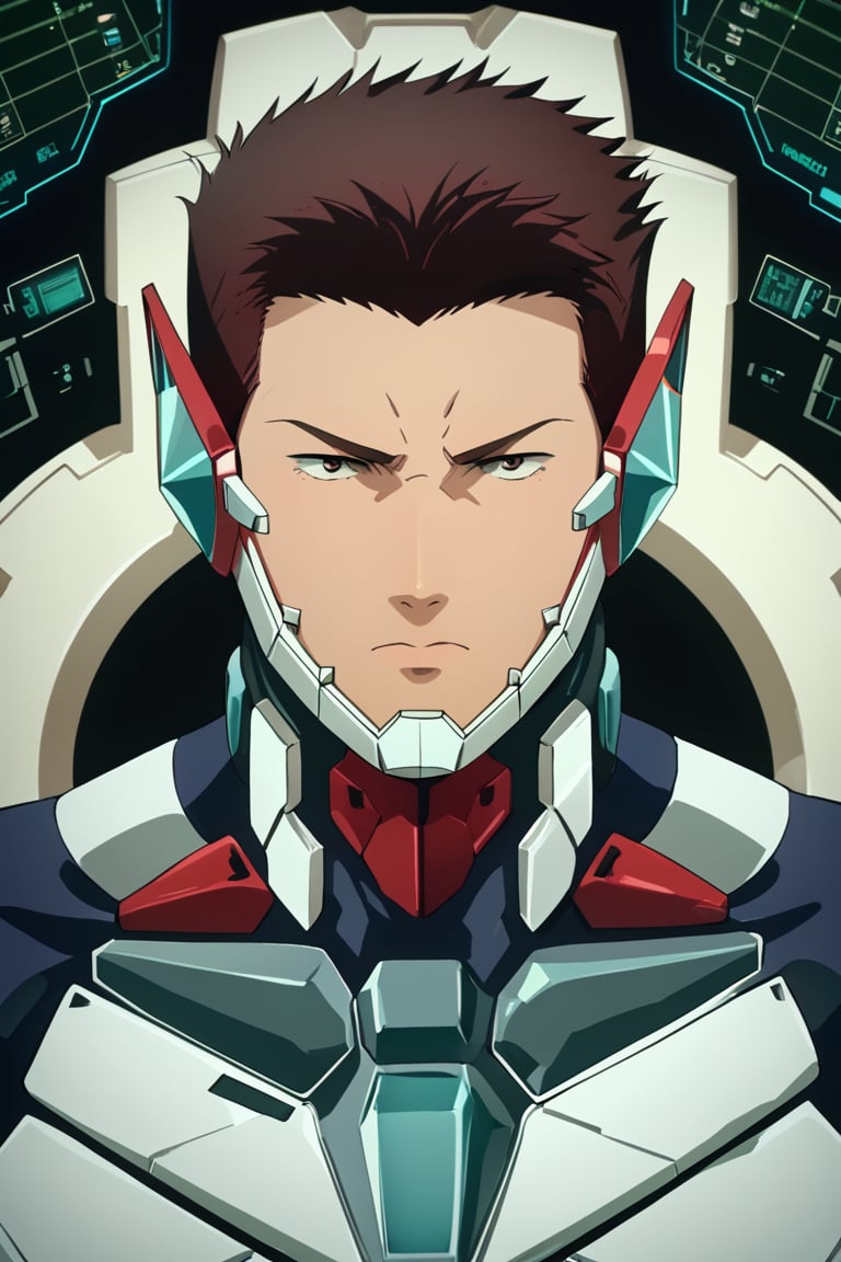 score_9,score_8_up,score_7_up, solo male, Isami Ao \(Brave Bang Bravern\), (short hair, neat hair, bare forehead:1.5), brown eyes, sanpaku, constricted pupils, Bang Bravern bodysuit, Mandible Guard, mecha cockpit, (upperbody), from front, mature, handsome, charming, alluring, masculine, serious, intense eyes, v-shaped eyebrows, close mouth, look at viewer, sitting, huge industrial mecha, mecha cockpit, operator's seat, throttle, joystick, seatbelt, multiple monitor screen, perfect anatomy, perfect proportions, best quality, masterpiece, high_resolution, (symmetrical picture, front view), photo background, science fiction, mecha, multiple monitors, cinematic, war, mecha, robot, cinematic still, emotional, harmonious, vignette, bokeh, cinemascope, moody, epic, gorgeous, city ruins, inside the mecha<lora:EMS-369096-EMS:0.800000>
