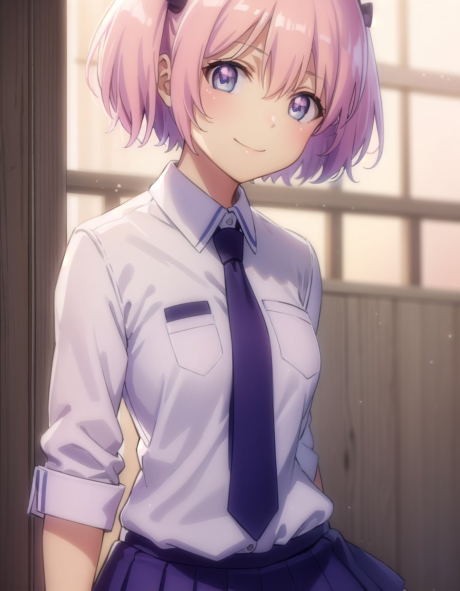 skhibari, <lora:sk hibari s1-lora-nochekaiser:1>,hibari, short hair, bow, twintails, pink hair, hair bow, symbol-shaped pupils, short twintails, blue eyes,BREAK skirt, bow, school uniform, necktie, purple skirt,BREAK outdoors, classroom,BREAK looking at viewer, (cowboy shot:1.5), smile,BREAK <lyco:GoodHands-beta2:1>, (masterpiece:1.2), best quality, high resolution, unity 8k wallpaper, (illustration:0.8), (beautiful detailed eyes:1.6), extremely detailed face, perfect lighting, extremely detailed CG, (perfect hands, perfect anatomy),