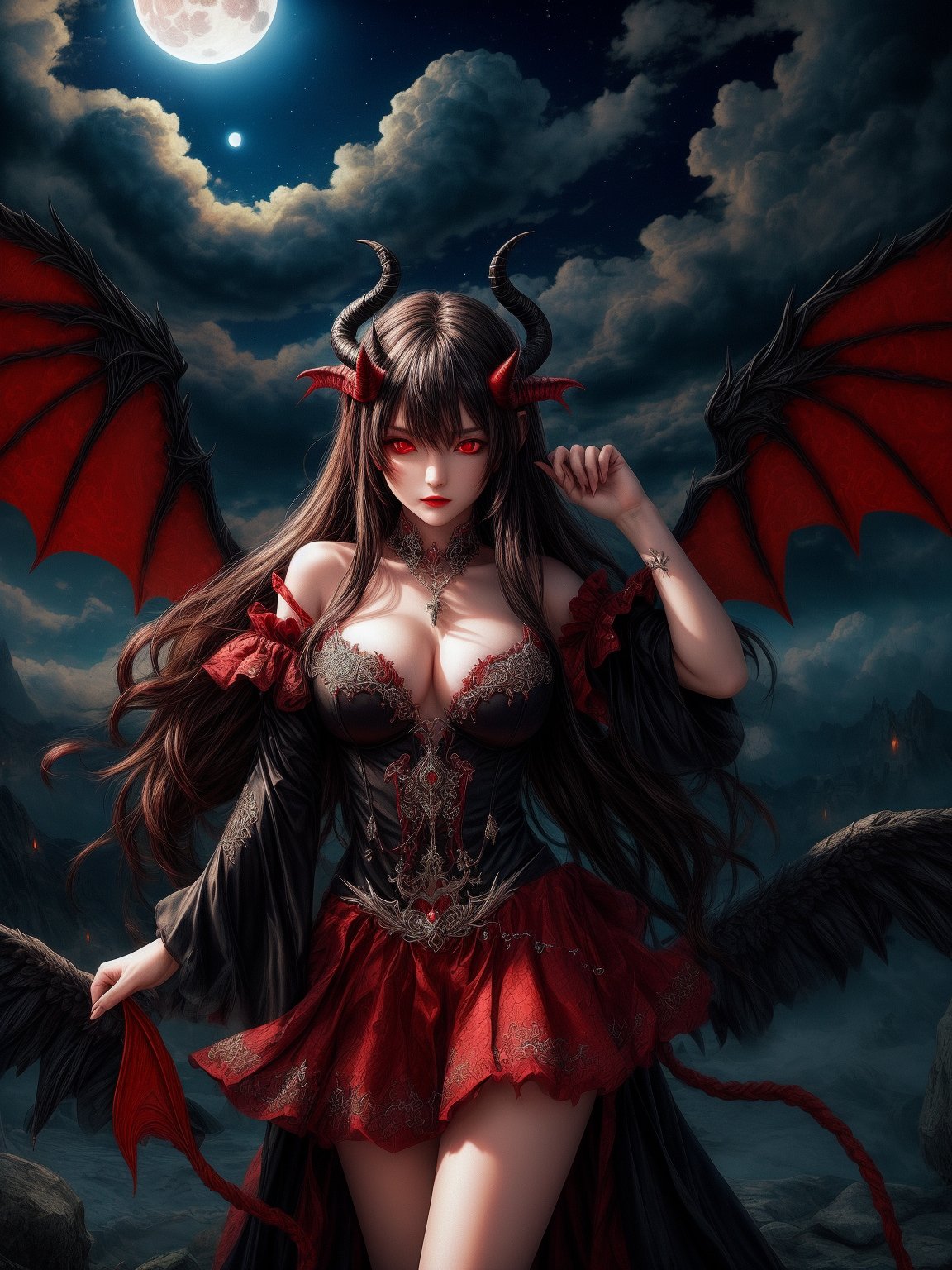 masterpiece, (best quality:1.4), [:intricate details:0.2], demon girl, skirt, red eyes, demon horns, demon wings, demon tail, enchanting gaze, captivating pose, otherworldly charm, mystical sky, moonlit night, cloud,