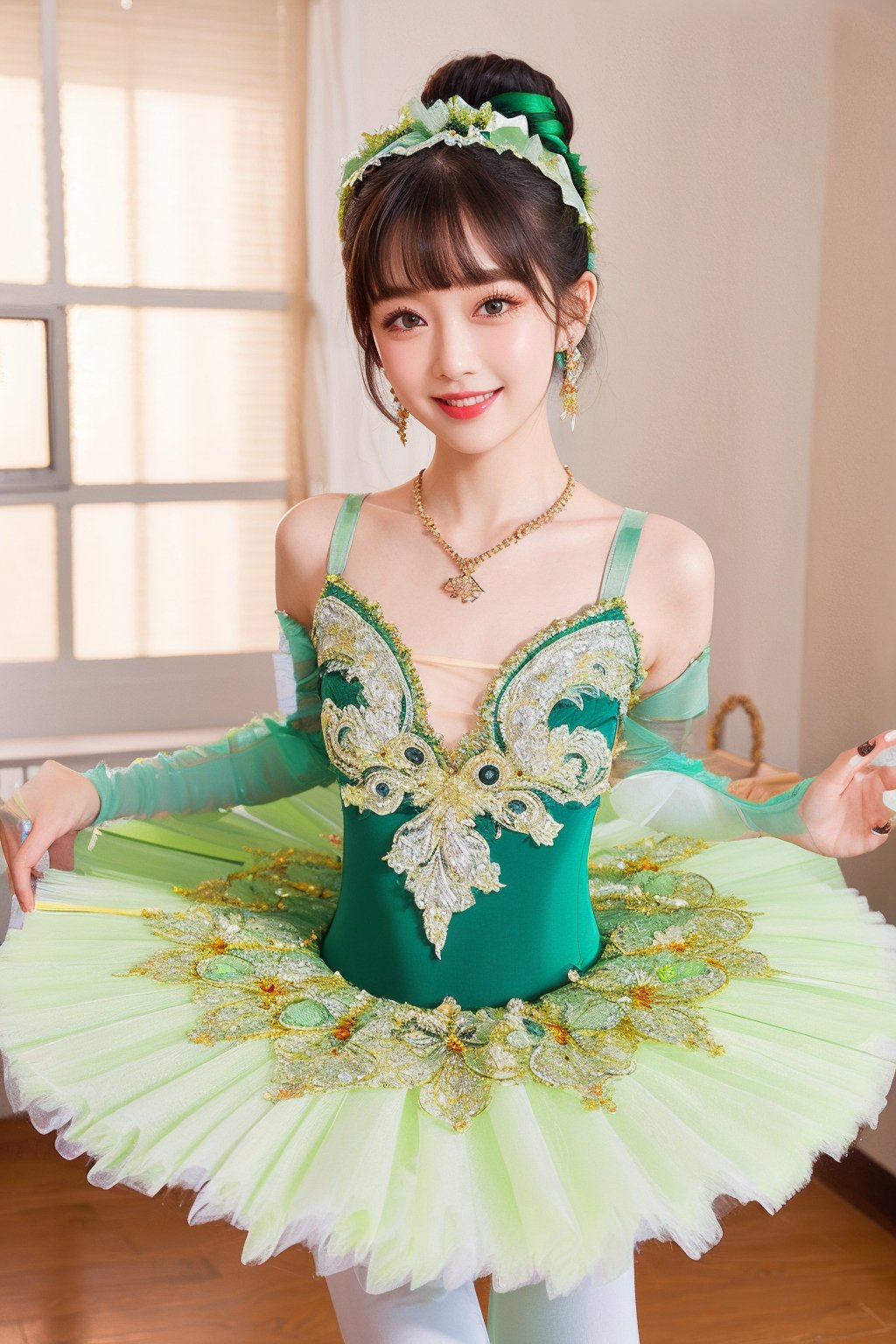 HDR,UHD,8K,best quality,masterpiece,Highly detailed,Studio lighting,ultra-fine painting,sharp focus,physically-based rendering,extreme detail description,Professional,masterpiece, best quality,delicate, beautiful,(1girl),(green Ballet_tutu:1.5),(jewelry:1.5),lace,(looking_at_viewer:1.2), realistic,(blunt bangs:1.2),(hair bun),(standing:1),(hair ornament:1.2), (jewelry necklace:1),dance classroom background,(Half-length photo:1),(smile:1),(white lace stockings:1),