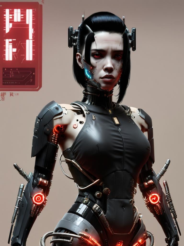 1girl, solo, looking_at_viewer, simple_background, black_hair, upper_body, red_background, science_fiction, android, cable, straight-on, cyborg, robot_joints, cyberpunk, mechanical_parts , <lora:Digital_Madness:0.75> 