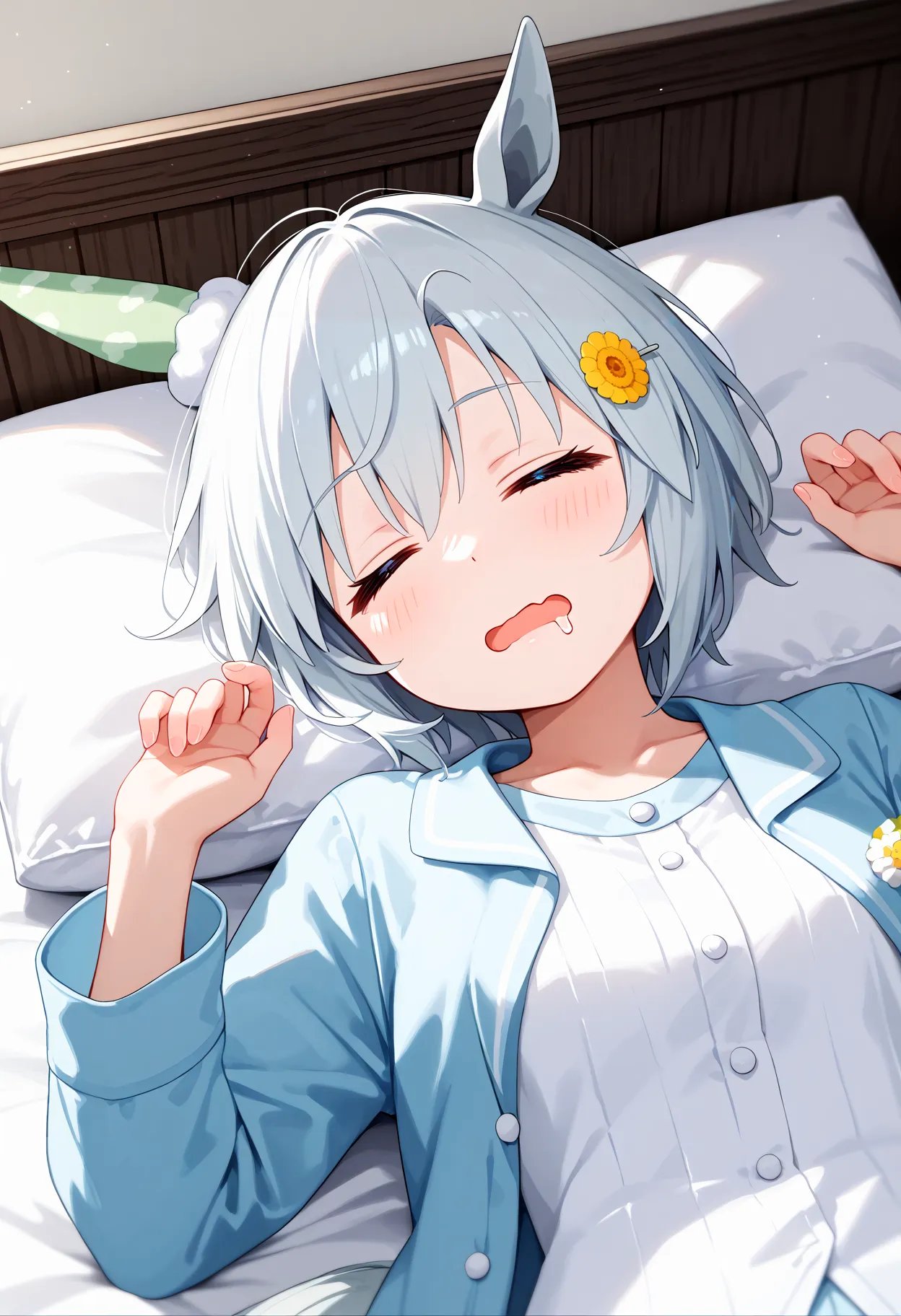 score_9, score_8_up, score_7_up, BREAK, best quality, masterpiece, very aesthetic, ultra detailed,very detailed background,BREAK,,zPDXL3,Seiun_Sky, 1girl, solo, horse ears, horse tail,bangs, short hair, blue eyes, white hair, hair ornament, pajamas,sleeping,apartment,open mouth,Drool,sleep,close eye,Messy Hair,bavel,wavy mouth<lyco:Seiun_Sky-ponyXL_locon:1>