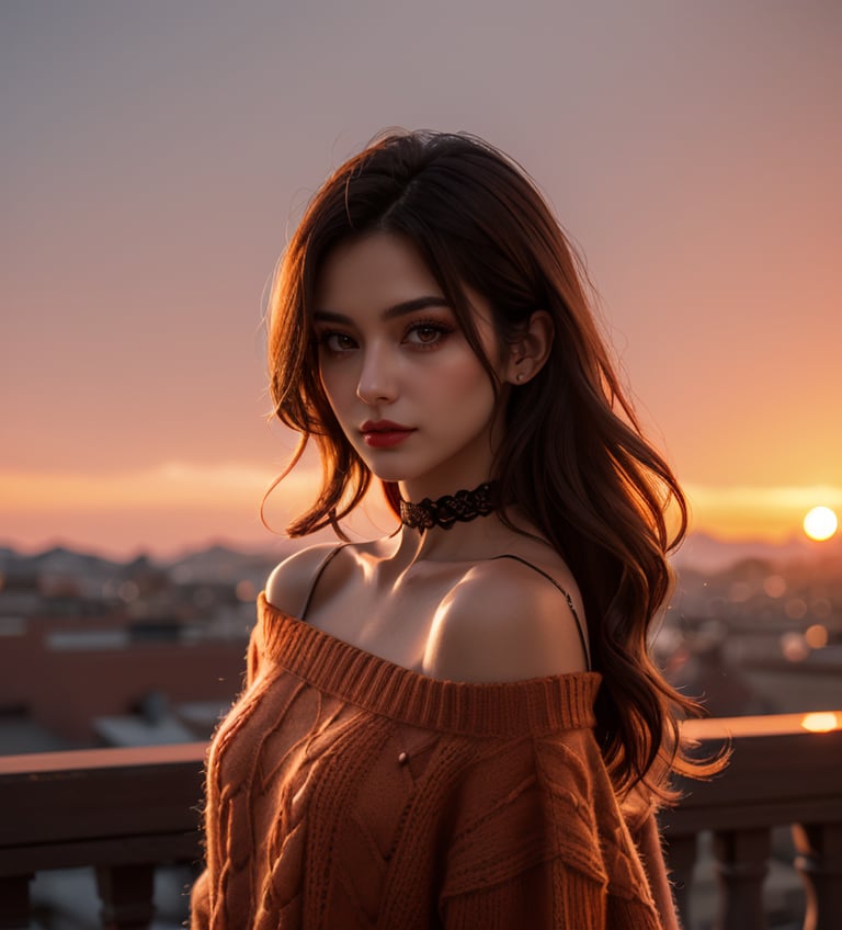 1 young cute iranian girl,very slim,skinny,redhead,rouge,red neck lace choker,cateyes makeup,colorful,oversize knit jumper,softcore,warm lighting,cosy atmosphere,Instagram style,red theme,upper body shot,(cinematic, black and red:0.85),(sunset beautiful background:1.3),sharp,dim colors,