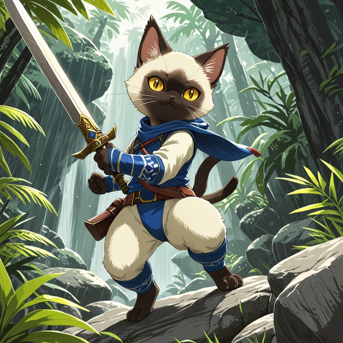 (by Awataguchi Takamitsu, by Hasui Kawase), monster hunter, anthro (palico), siamese cat, yellow eyes, action pose, fantasy weapon, large melee, hunter suit, jungle, rock