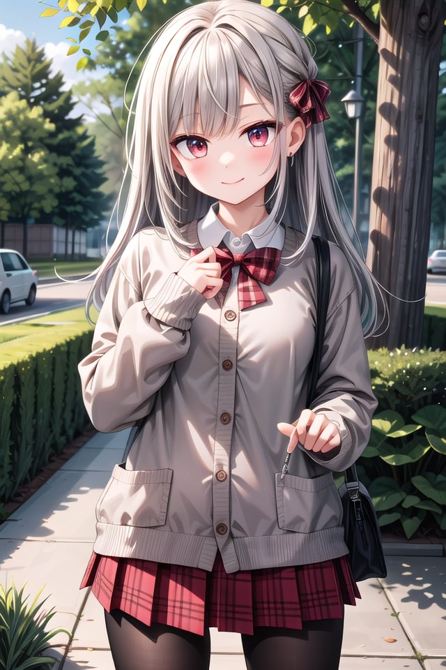 insanely detailed, absurdres, ultra-highres, ultra-detailed, best quality,1girl, solo, nice hands, perfect handsBREAK(School Uniforms:1.2), (pink cardigan is fit body:1.4), ((do up a buttons, not loose):1.5), ((long sleeve, sleeves past wrists):1.2), (inner wear is white collared-shirt:1.3), (red plaid-pattern bow:1.3), (red plaid-pattern pleated skirt:1.3), ((dark-brown pantyhose, loafers):1.2), (cleavage:-1.5)BREAKhappy smile, laugh, closed mouthBREAK(45 angle:-1.5), (from side:-1.5),standing, cowboy shot, looking at viewerBREAKslender, kawaii, perfect symmetrical face, ultra cute girl, ultra cute face, ultra detailed eyes, ultra detailed hair, ultra cute, ultra beautifulBREAKin forest, depth of field, ultra detailed backgroundBREAKmedium large breastsBREAK(grey hair, red eyes), spiked hair,