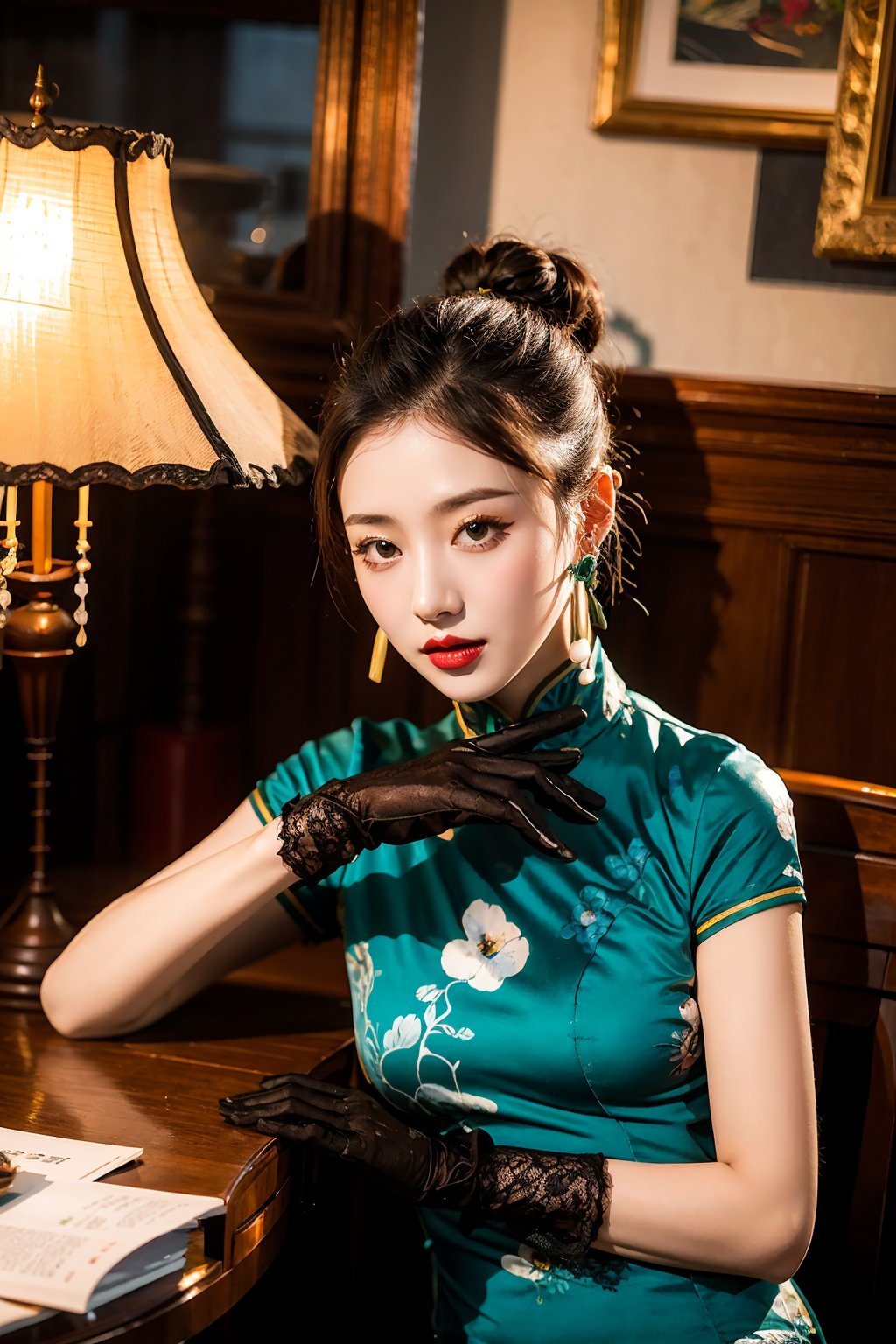 1girl,gloves,(realistic:1.2),lace gloves,solo,wavy curls,lamp,chinese clothes,dress,black gloves,china dress,black hair,(red lips:0.7),sitting,earrings,short sleeves,looking at viewer,makeup,jewelry,chair,(lipstick:0.7),indoors,hair bun,<lora:linhe minguoshannv_20231019115043:0.7>,