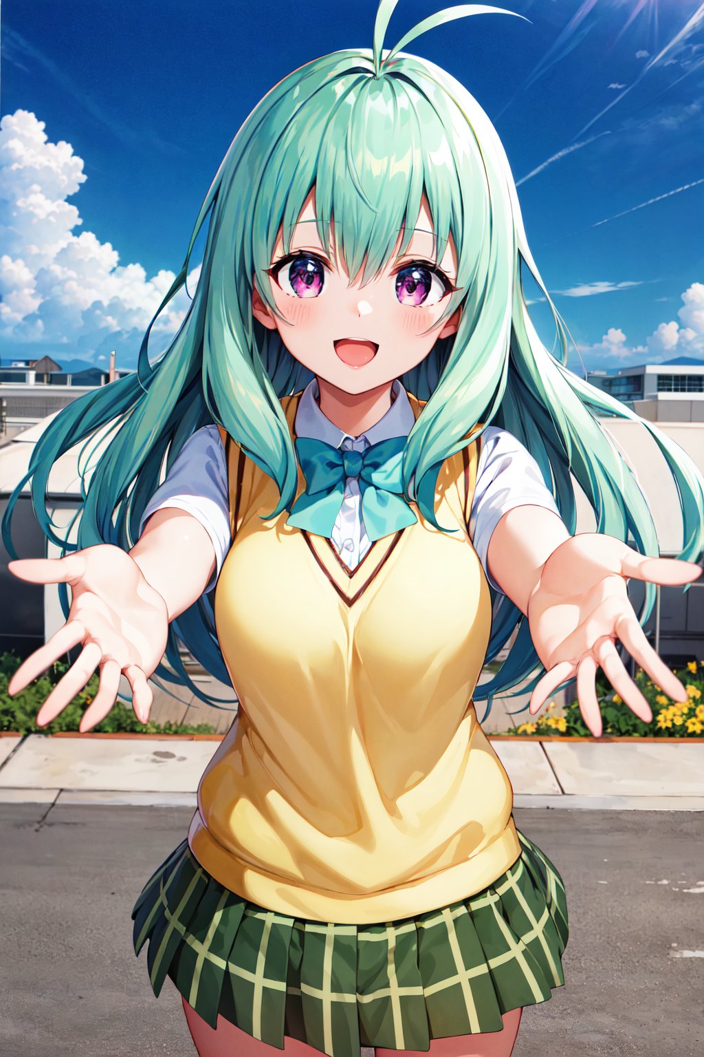 masterpiece, best quality, highres, aarej, solo, long hair, antenna hair, purple eyes, school uniform, green bowtie, white shirt, sweater vest, yellow vest, short sleeves, plaid skirt, green skirt,  <lora:run_elsie_jewelria_v1:0.7>, reaching out, rooftop, sky, standing, outstretched arms, smile, open mouth,