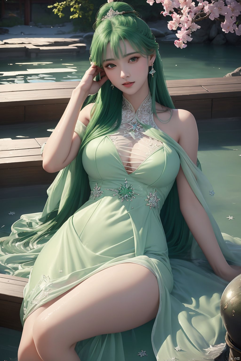 1girl,solo,masterpiece,(best quality),official art,extremely detailed cg 8k wallpaper,((crystalstexture skin)),(extremely delicate and beautiful),realistic,photo_\(medium\),wanmei\(liushen\),looking at viewer,very long hair,snowflakes,masterpiece,best quality,best quality,illustration,(beautiful detailed girl),beautiful detailed glow,detailed ice,beautiful detailed water,(beautiful detailed eyes),( inside palaces),snowflakes,soak in hot spring,earrings,expressionless,mature female,whole leg sink under water,sitting in the hot spring,Sunshine,Good lighting,Skirt,Long Dress,green clothes,green hair<lora:EMS-391388-EMS:0.800000>