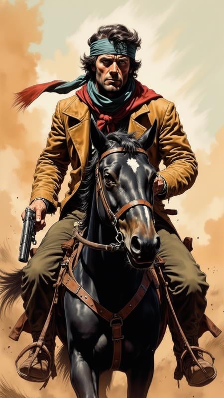 A hardened outlaw with a bandana covering his face rides through a dusty desert on a black horse. His eyes are sharp and vigilant, scanning the horizon for danger. The wind whips at his tattered coat as he clutches a revolver in one hand<lora:Adventure_Comic_Book:0.8>