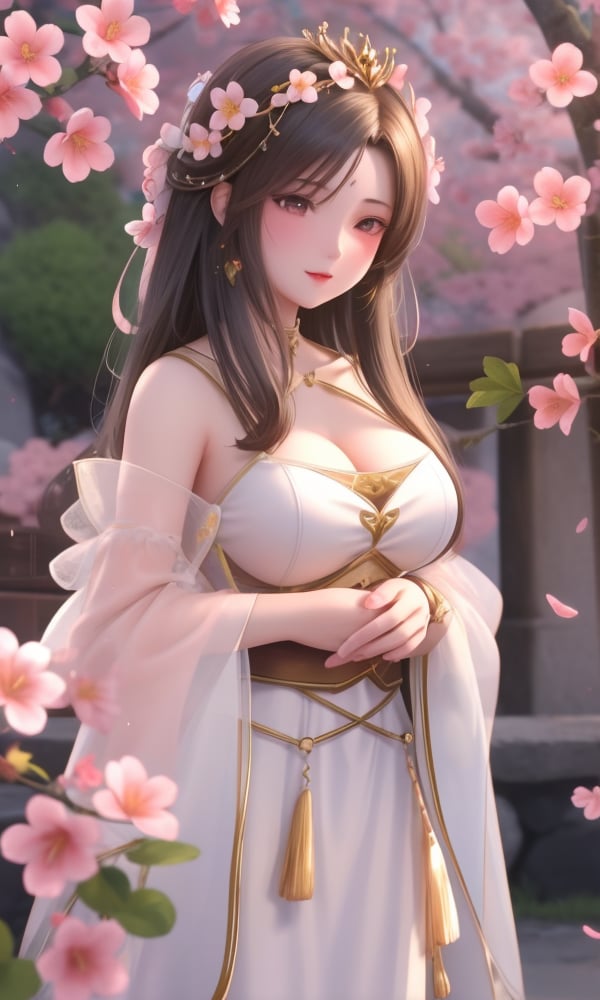 (,1girl, ,best quality, )<lora:DA_花灵V2-倩女幽魂:0.6>, ,masterpiece, fantasy, realistic,science fiction,mole, ultra realistic 8k cg, ,tamari \(flawless\),  large breasts,outdoors, sun,sunlight, cherry blossoms,      upper body, (),