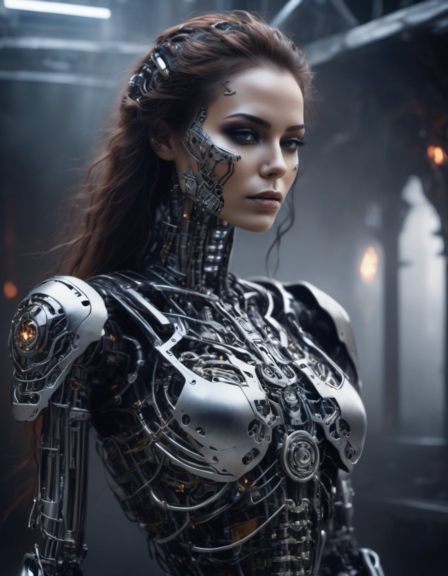 photo realistic, ultra details, natural light ultra detailed portrait of a female necromancer cyborg,  robot skeleton, cybernetic face volumetric fog, Hyperrealism, breathtaking, ultra realistic, ultra detailed, cyber background, cinematic lighting, highly detailed, breathtaking, photography, stunning environment, wide-angle  <lora:cyborg_style_xl:1>