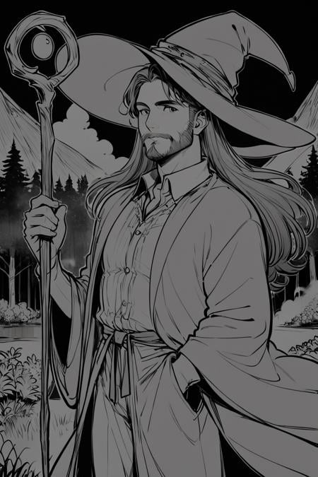 score_9, score_8_up, score_7_up, rating_safe, lineart, flat color, monochrome, greyscale, 1boy, solo, male focus, mature male, wizard, long hair, brown hair, black eyes, looking at viewer, hat, facial hair, beard, mustache, staff, wizard hat, purple hat, shirt, collared shirt, robe, purple robe, cloak, holding, holding staff, upper body, standong, outdoors, forest, nature, tree, fog, dark background <lora:LineArt Mono Style LoRA_Pony XL v6:1>