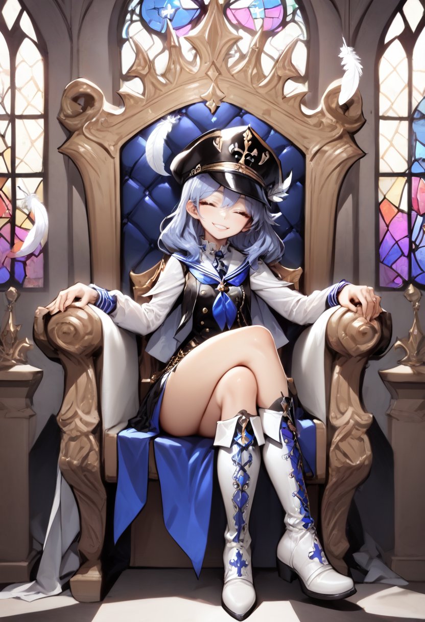 1girl, blue neckerchief, boots, chain, crossed legs, feathers, fleur-de-lis, hat, knee boots, long sleeves, neckerchief, ruffling hair, sitting, smile, solo, stained glass, throne, vest, white footwear, window, 