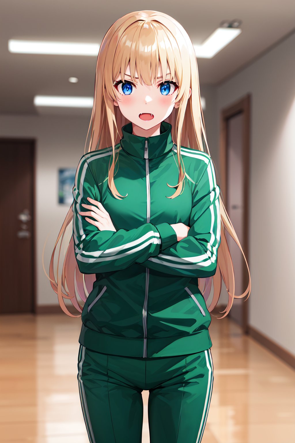 masterpiece, best quality, highres, aaeriri, long hair, fang, track jacket, green jacket, long sleeves, track pants, green pants, <lora:sawamura_spencer_eriri_v1:0.7>, crossed arms, standing, indoors