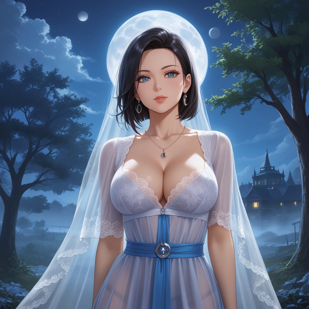 (,1girl, ,best quality, ),,  ,ultra realistic 8k cg, ,masterpiece, (( , )),, ,fiction,mole,,      ,(cleavage),,  (),  ,see-through, lace, (((, solo, moon, , bare_tree, )))(cleavage),,