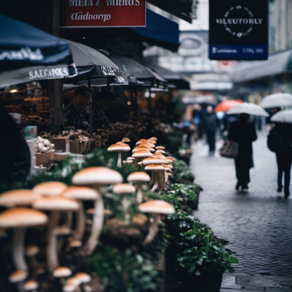 blurry, depth of field, shop, outdoors, blurry foreground, mushroom, sign, scenery, <lora:1998_3476_4086@775eafd423:0.8>