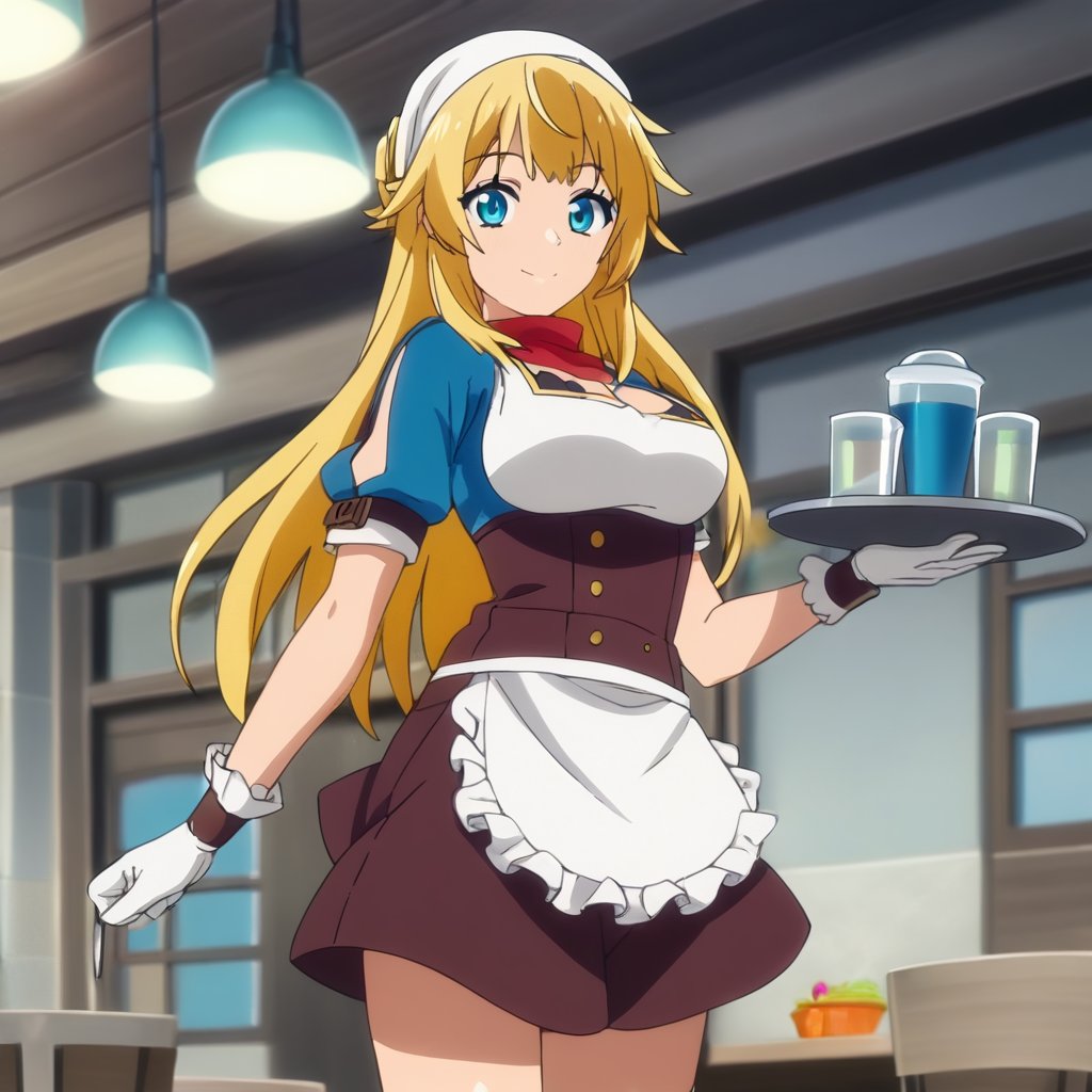 score_9, score_8_up, score_7_up, score_6_up, score_5_up, score_4_up, source_anime,ritto, 1girl, solo, smile, apron, blue shirt, blue skirt, frilled apron, frills, gloves, head scarf, shirt, short sleeves, skirt, uniform, waist apron, waitress, white apron, white gloves, food, tray, food tray, indoors, restaurant, looking at viewer, dutch angle, cowboy shot,masterpiece, perfect face, best quality, beautiful girl, cute girl, beautiful eyes, shiny eyes, anime coloring, anime screencap, absurdres, award winning,<lora:ritto auti 901 1:1>