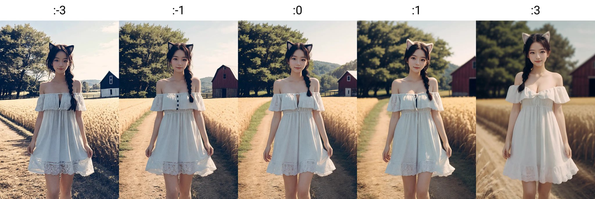 young 1girl with braided hair and fluffy cat ears, dressed in Off-Shoulder Sundress, standing in a rustic farm setting. She has a soft, gentle smile, expressive eyes and sexy cleavage. The background features a charming barn, fields of golden wheat, and a clear blue sky. The composition should be bathed in the warm, golden hour light, with a gentle depth of field and soft bokeh to accentuate the pastoral serenity. Capture the image as if it were taken on an old-school 35mm film for added charm, looking at viewer,  <lora:tangbohu_blurbg_v2:-3> <lora:FujiFP100cNegative:1>