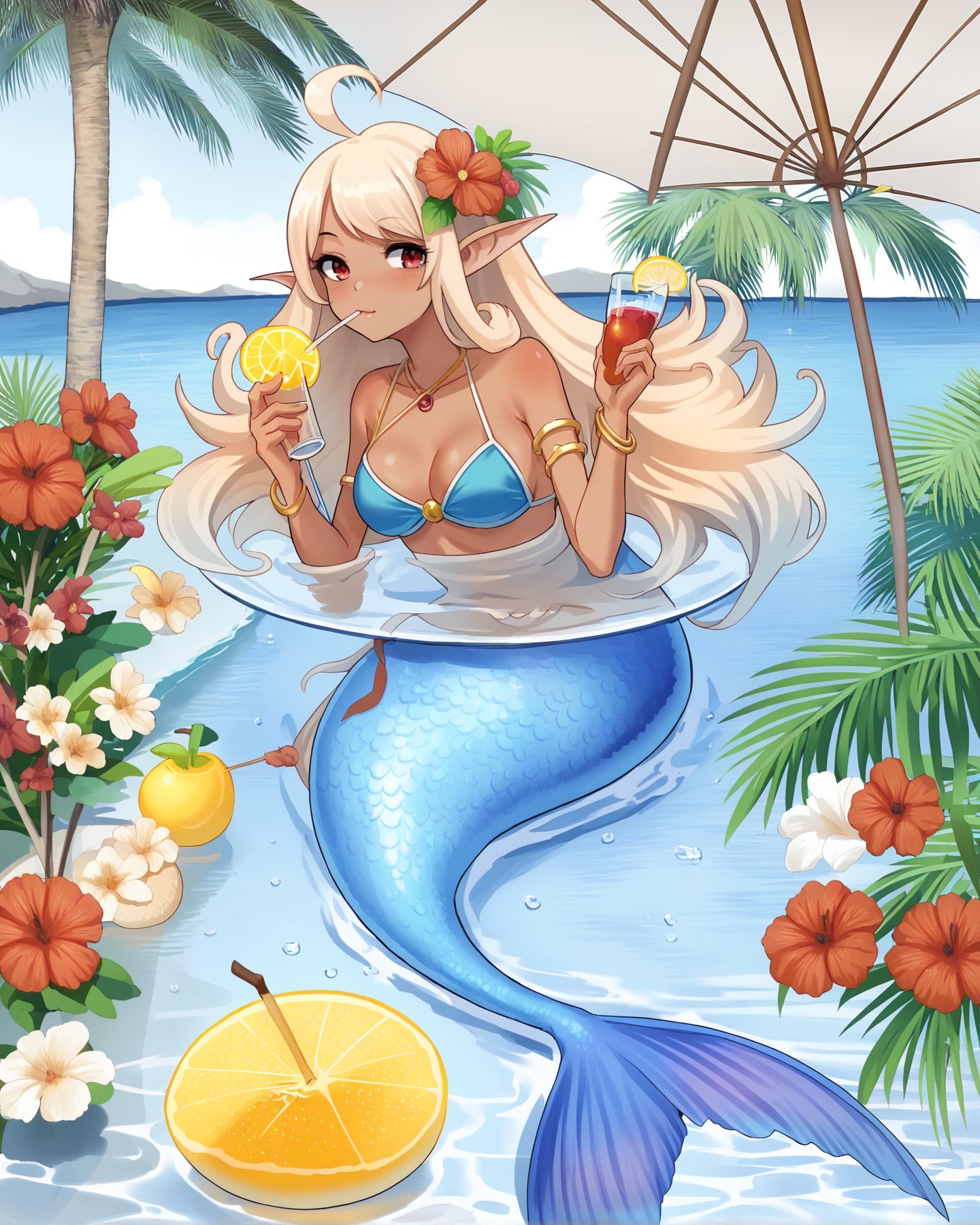 score_9, score_8_up, score_7_up, best quality, masterpiece, <lora:jijia-pony-Tanger-000006:0.8>,jijia, 2d, anime, mermaid, Fishtail, 1girl, dark-skinned female, umbrella, flower, food, blonde hair, long hair, dark skin, hair ornament, hair flower, fruit, monster girl, pointy ears, red eyes, cup, tree, palm tree, lemon, water, breasts, ahoge, swimsuit, drinking glass, bracelet, jewelry, tentacles, bikini, solo, medium breasts, armlet, holding, drinking straw, lemon slice, coconut,a drawing of a mermaid with an umbrella,a mermaid holding a parasol and a blue mermaid sitting in the water