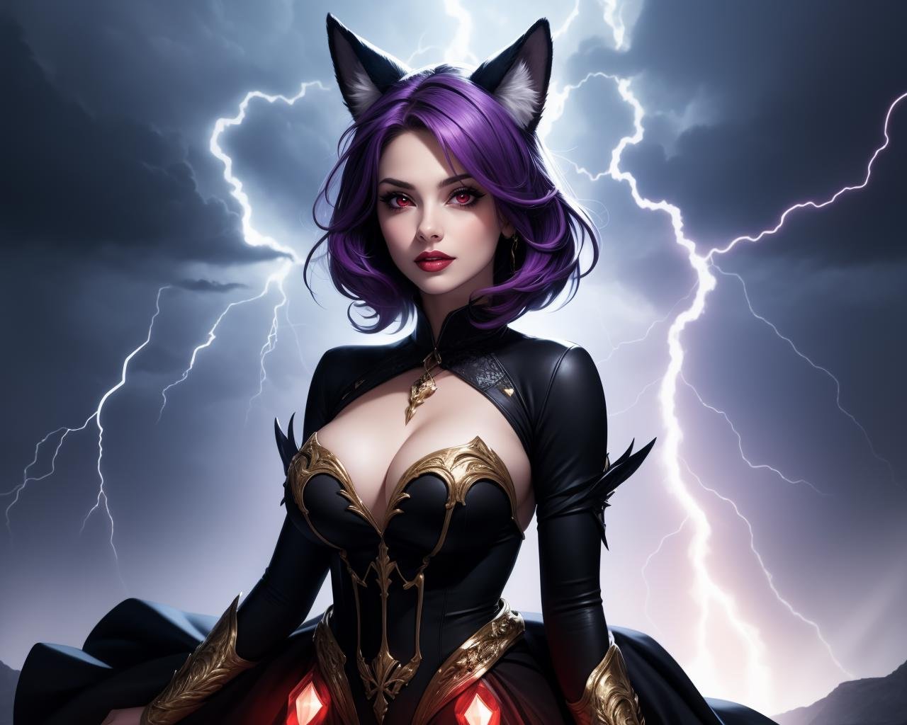 Gothic style 1girl, solo, beautiful adult woman, ra1ju, high quality, smile, purple hair,  fox ears, best quality, highres, high detail, atmospheric lighting,bokeh, (powerful storm queen), ((black satin applique ballgown, gold crimson trim)),dominant, mysterious, evil,sinister, gothic, (((arc lightning starmetal glowing))), high contrast lighting, matte black, crimson red eyes, fantasy, high quality, digital art, . Dark, mysterious, haunting, dramatic, ornate, detailed