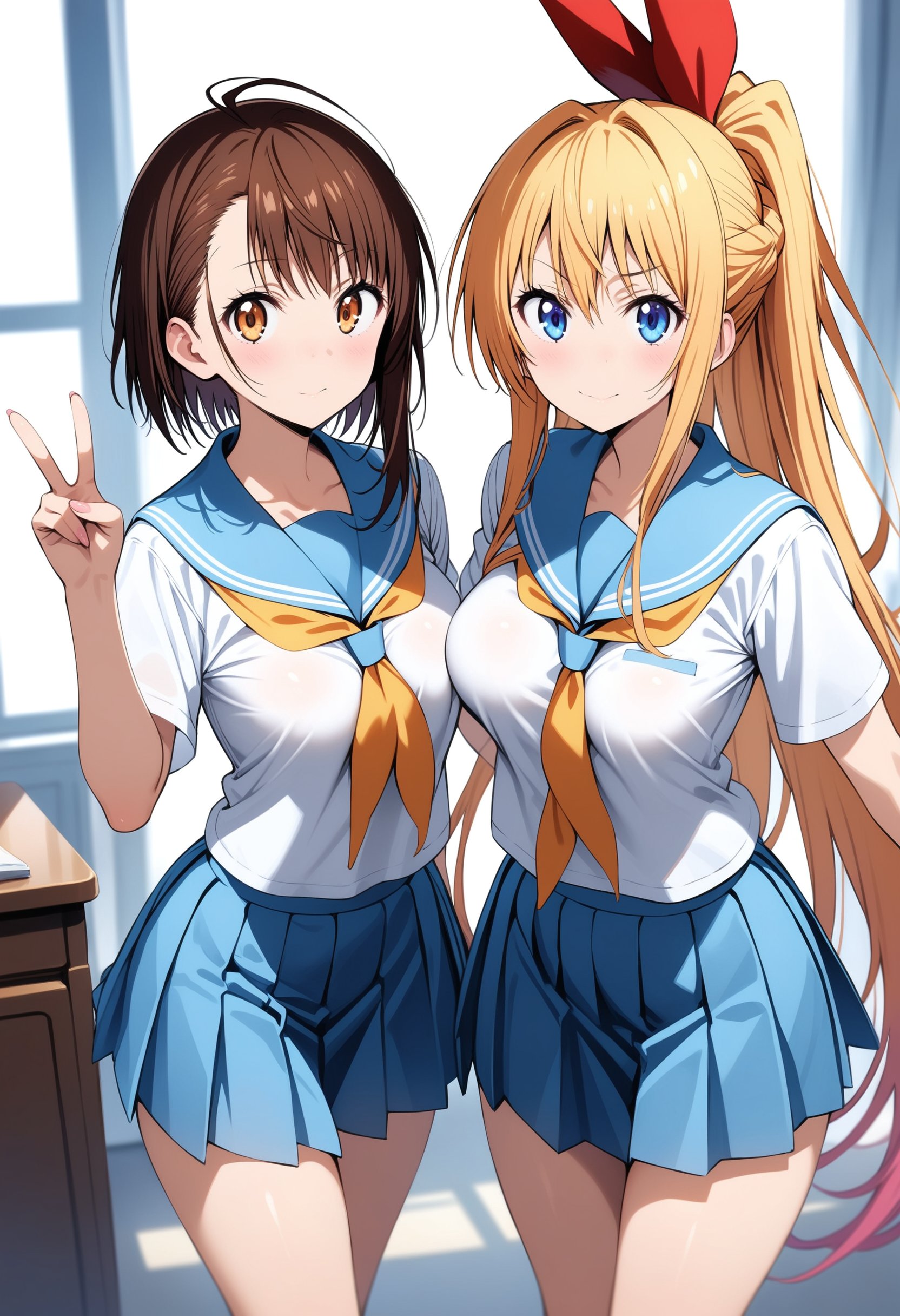 masterpiece, best quality, ultra detailed, very aesthetic,2girls, kirisaki chitoge, onodera kosaki, nisekoi, looking at viewer, side-by-side, standing, school uniform, serafuku, white shirt, blue skirt, v,