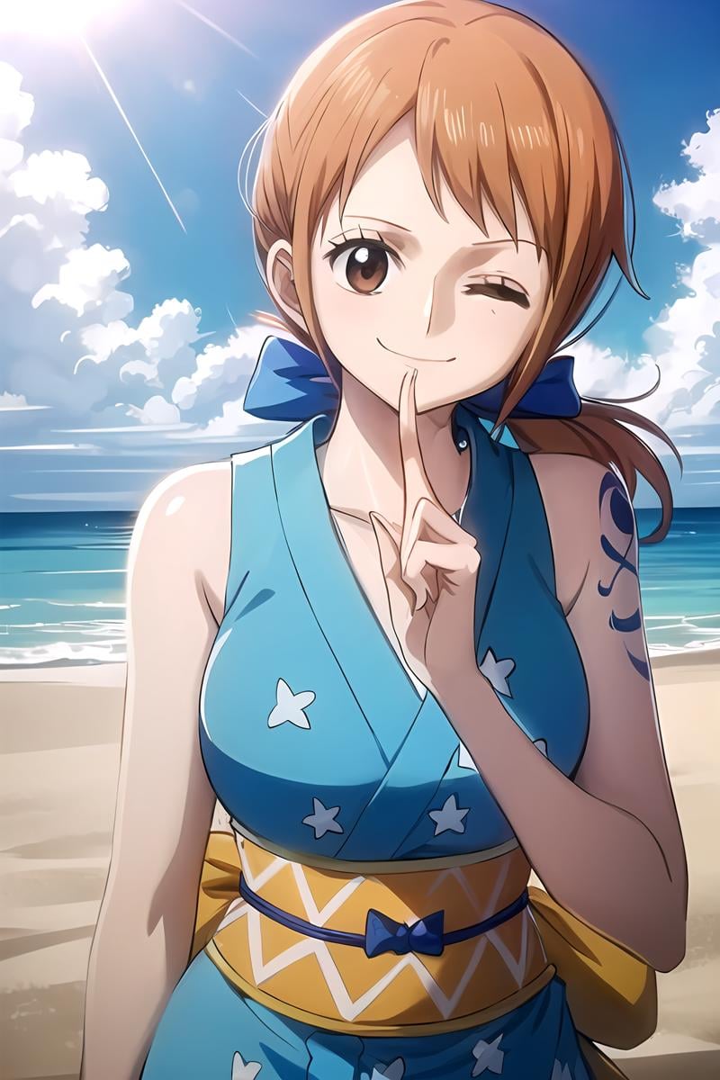 <lora:SC-OP_Nami_Kimono:1>, opn4m1k1m0n0, 2d, masterpiece, best quality, anime, upper body, smile, sleeveless kimono, obi, hair bow, ponytail, beach, head tilt, one eye closed, ;), finger to mouth