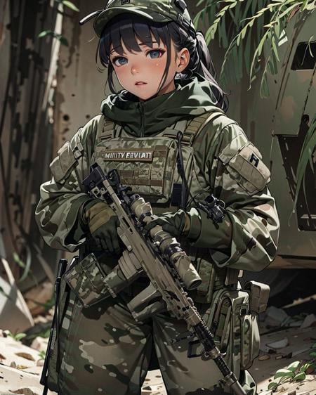 best quality,masterpiece,highly detailed,ultra-detailed, 1girl, military uniform, taskforce, weapon, gun, military  assault rifle,  holding weapon, digitalcamouflage,gloves,military vehicle, <lora:neg4all_bdsqlsz_V3.5:-1>  blurry background, blurry foreground, plants, <lora:taskforce_v02:1>, <lora:cartoonisationer-V4-8:0.75><lora:cartoonisationer:0.75> <lora:cartoonisationer-21st_ce:1.25>