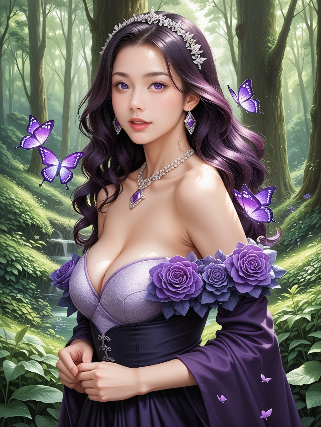 score_9, score_8_up, score_7_up,A woman surrounded by a myriad of amethyst purple butterflies. She wears a gown made of amethyst purple leaves, which flows gracefully around her. The backdrop is an amethyst purple-hued environment, possibly signifying an amethyst forest or a magical realm. The woman's long, wavy hair flows freely, complementing the ethereal ambiance of the scene.