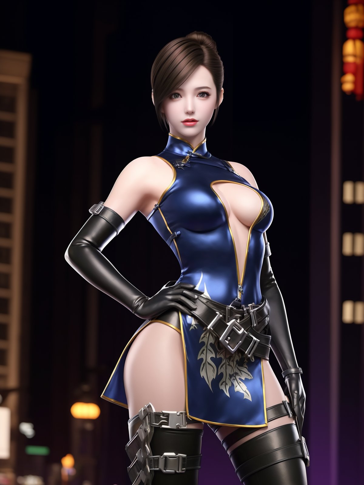 CFhudieBW, 1girl, solo, elbow gloves,breasts,brown hair,  boots, medium breasts, cleavage cutout, belt, holster,bare shoulders, black thighhighs, looking at viewer,short hair,china dress, <lora:CFhudieBW:0.75>,cowboy shot, hand on hip, cityscape, night, mature female, 