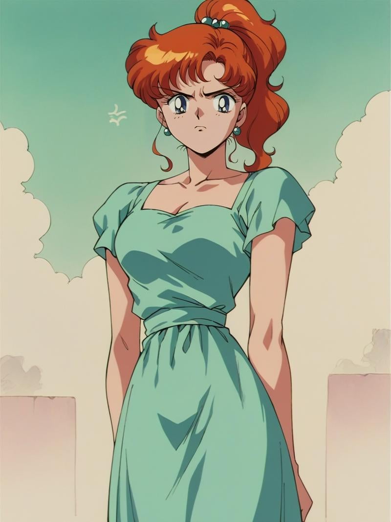 score_9, score_8_up, score_7_up, score_6_up, score_5_up,   <lora:s41l0rm00nXLP:1> s41l0rm00n, retro artstyle, 1girl, ginger hair, annoyed, solo, dress, curvy