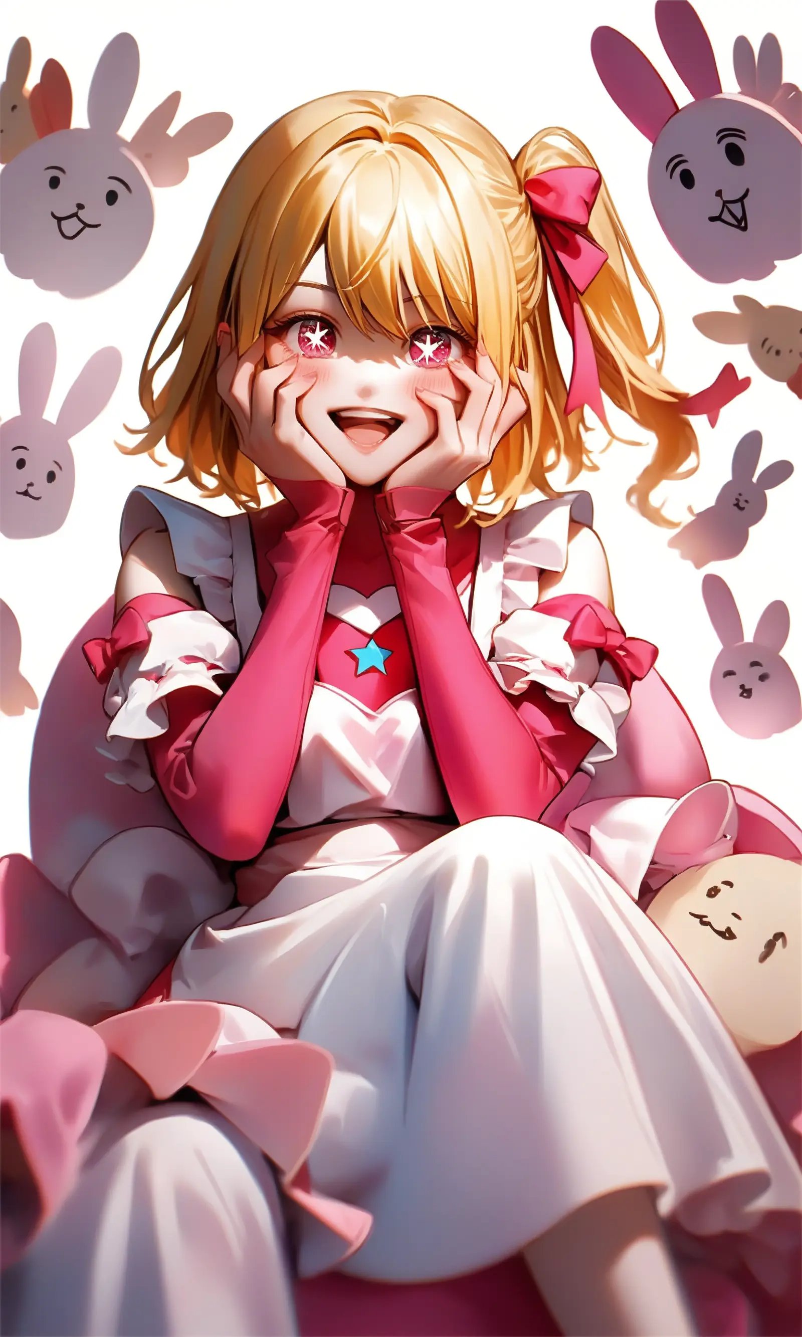 sscore_9,score_8_up,1girl,solo,hands_up,sitting,blush,smile,blonde_hair,short_hair,fingernails,highres,chibi,hair_between_eyes,hair_ribbon,hands_on_own_face,heart_in_eye,hoshino_ruby,looking_at_viewer,one_side_up,open_mouth,pink_bodysuit,pink_eyes,pink_ribbon,puffy_long_sleeves,rabbit_print,simple_background,sparkle,star-shaped_pupils,white_apron,white_background,<lora:oshi_no_ko:1>,Negative prompt