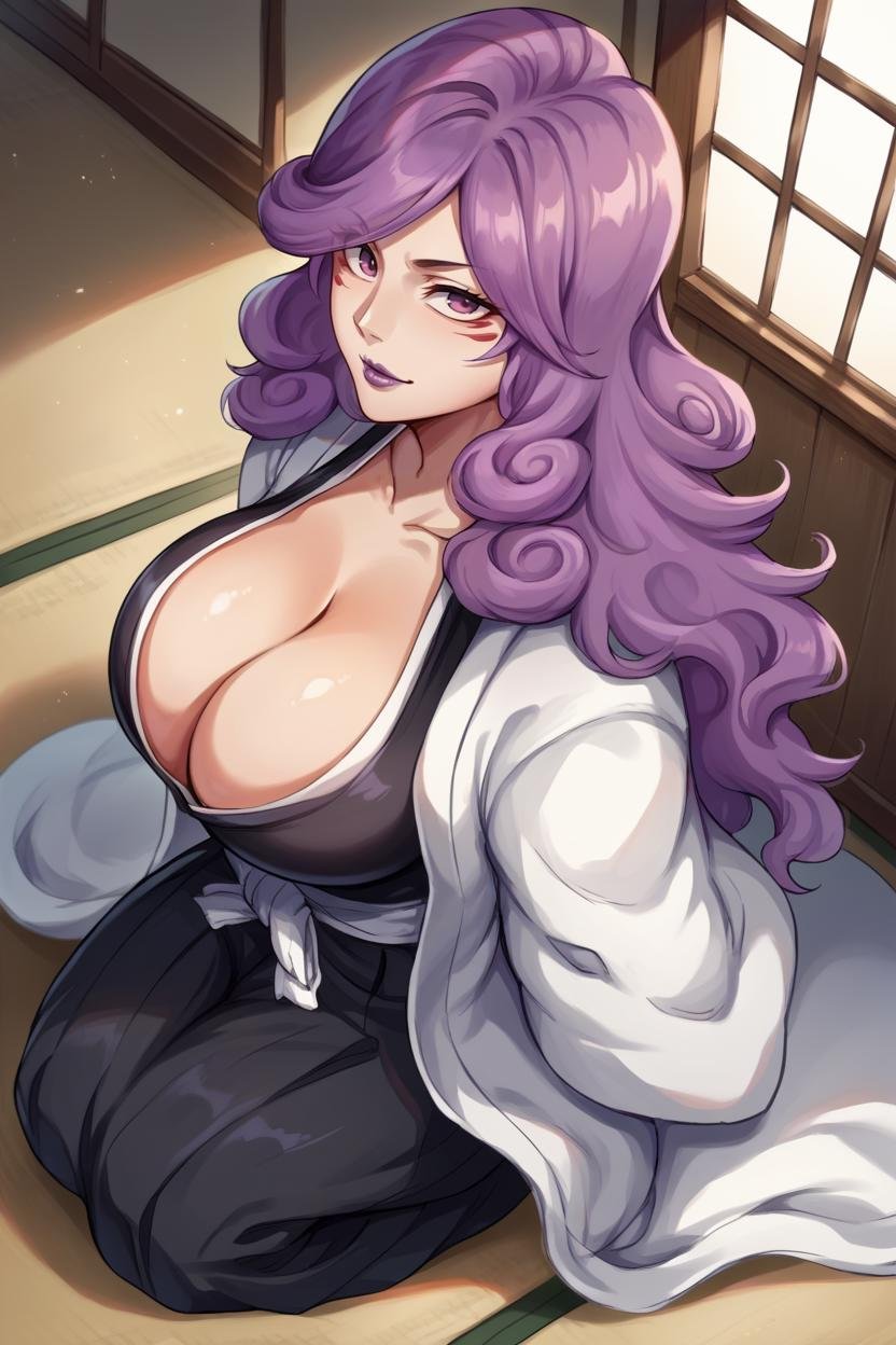 score_9, score_8_up, score_7_up, score_6_up, source_anime BREAK 1girl, solo  <lora:kirio-pdxl-nvwls-v1-000006:1> hikifune kirio, purple hair, wavy hair, facial marks, purple lipstick, white coat, black robes, cleavage, sash, black hakama, large breasts, kneeling, from above, looking at you, indoors, smile