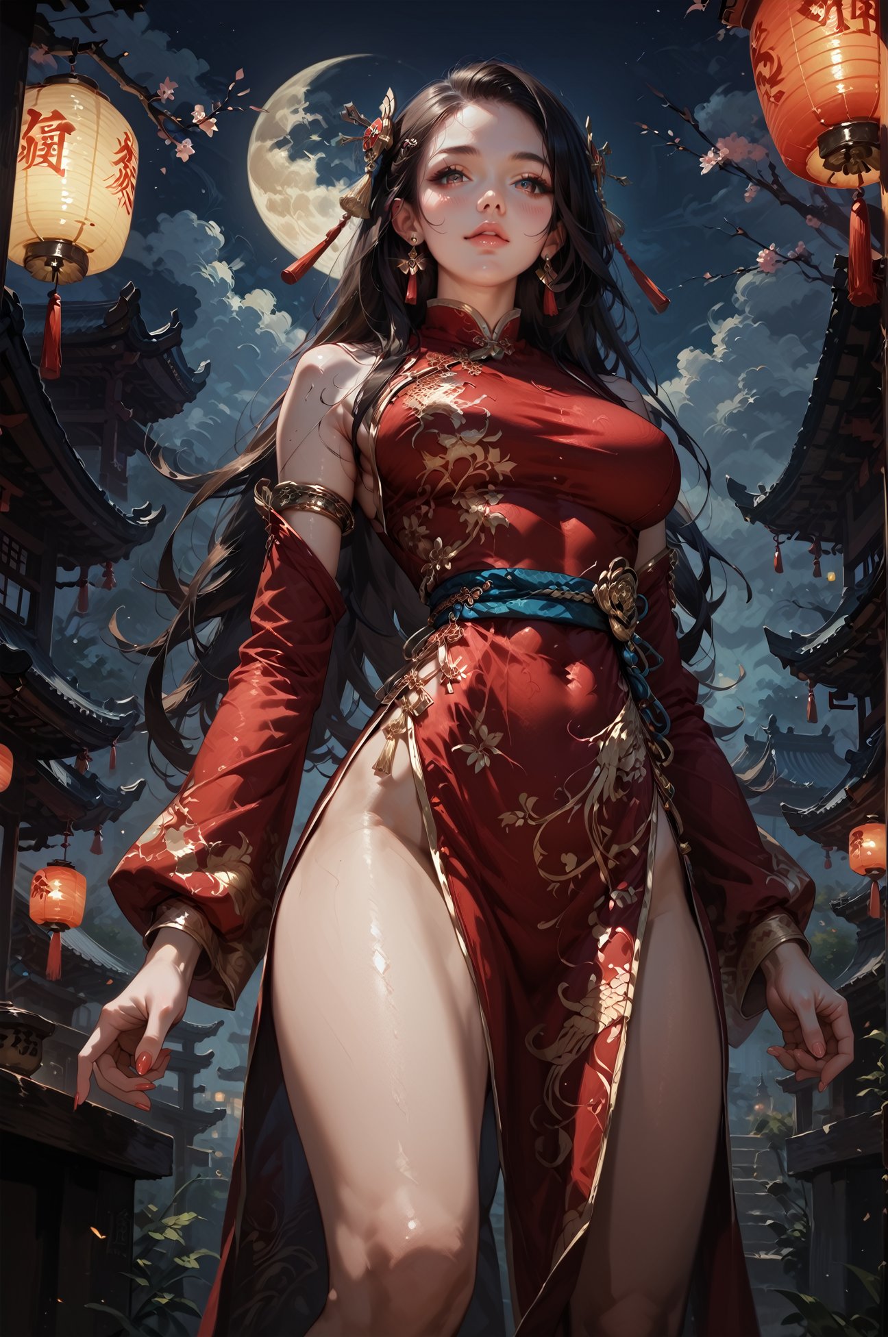 score_9, score_8_up, score_7_up, score_6_up, 1girl, solo, long hair, breasts, looking at viewer, large breasts, dress, standing, braid, thighs, chinese dress, nail polish, lips, sash, night, colored skin, looking down, from below, red dress, paper lantern, long hair, earrings, hair pin, <lora:LOAwdl34pXL:0.7>,LOAwdl34pXL, qipao, armlet, long sleeves,<lora:sinfully_stylish_SDKL:0.5> <lora:Concept Art DarkSide Style LoRA_Pony XL v6:0.8> ,dark theme, low light, concept art, realistic, <lora:Expressive_H:0.5> Expressiveh