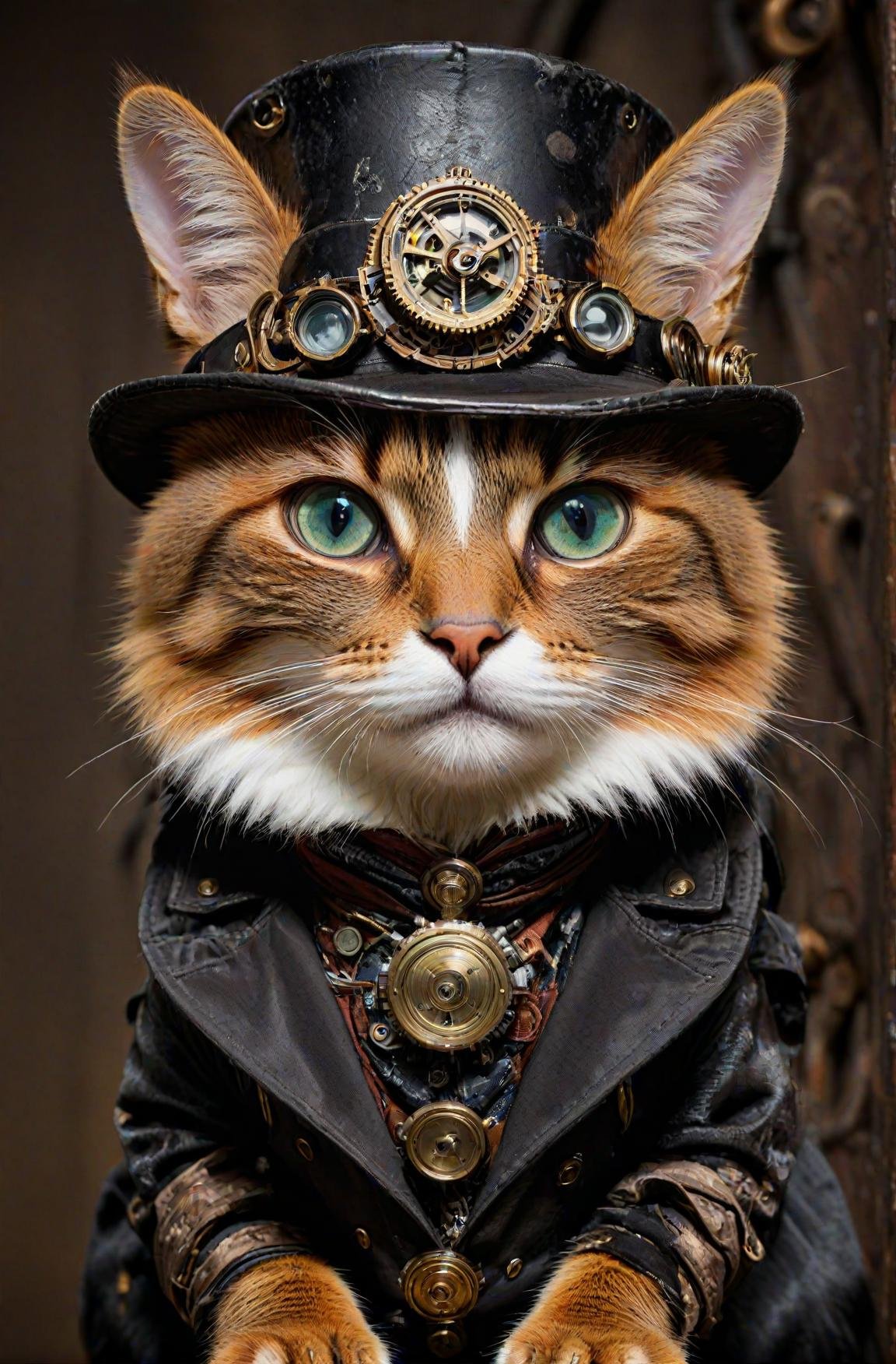 a beautiful high definition crisp portrait of a steampunk cat