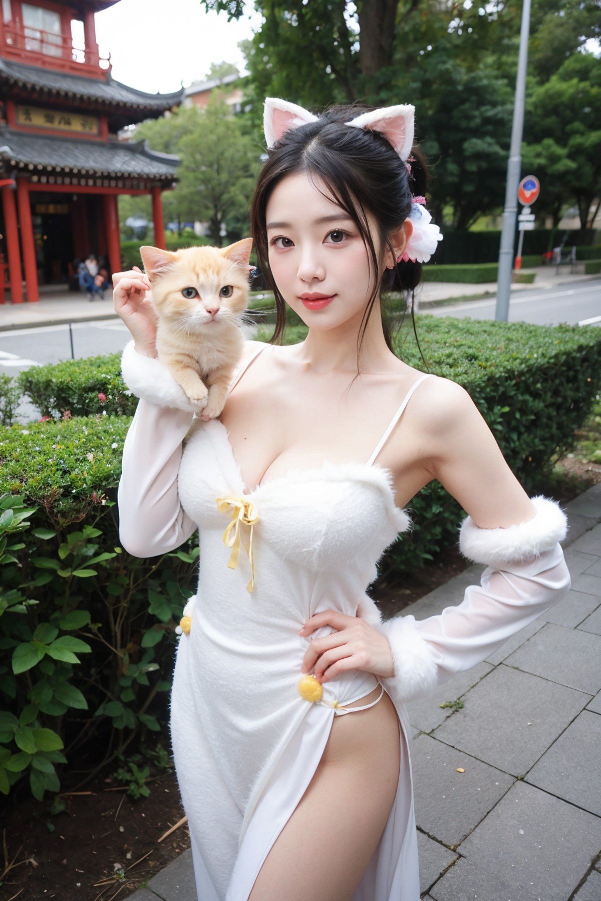 (masterpiece:1.2),1girl,pale_skin,realistic skin,chinese,medium shot,standing(kitty costume, fluffy ears, whiskers, pet costume contest),medium breast,cleavage,vibrant colors,black hair ponytail,looking at viewer,outdoors