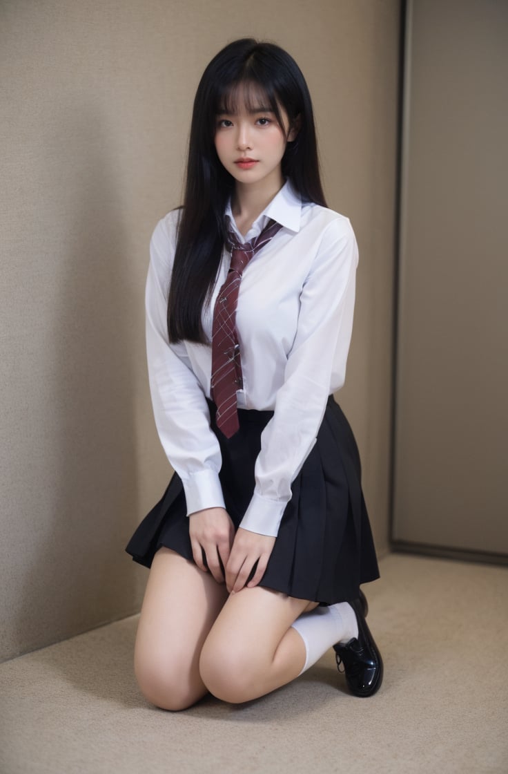 1girl,solo,black hair,necktie,skirt,kneeling,long hair,socks,looking at viewer,black footwear,realistic,school uniform,shirt,white socks,white shirt,shoes,  <lora:美女小姐姐跪着摄影:0.8>