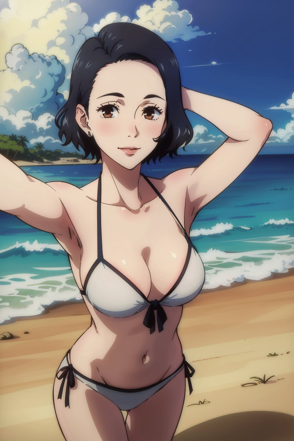 1girl, solo,ynagi, <lora:Nagi-10:0.6>,  potrait, brown eyes, smile, lips, embarrassed, black hair, beach,  outdoors, , mature female, (), (white side-tie bikini bottom, ), (best quality:1.3), (masterpiece:1.3), selfie,from above,arm behind head,  